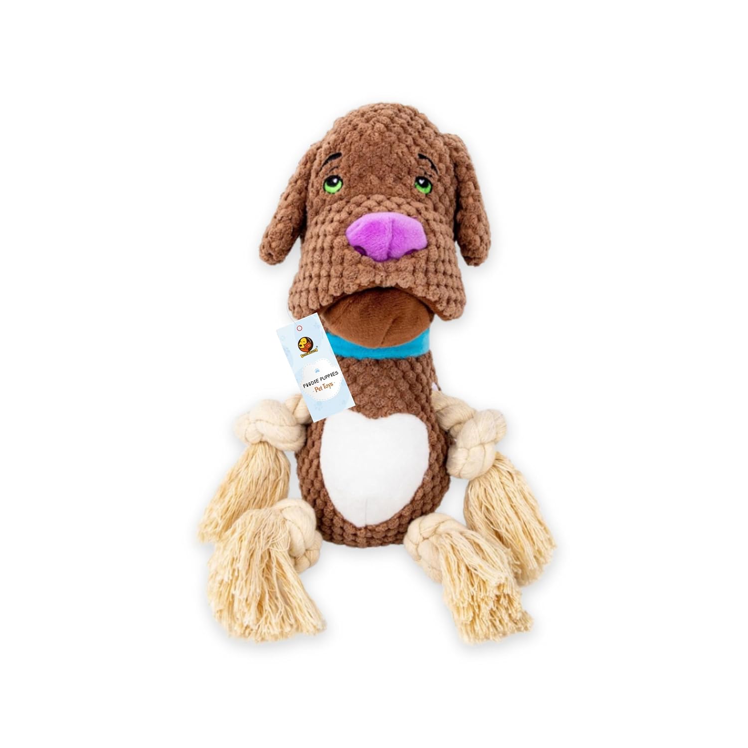 Foodie Puppies Plush Squeaky Rope Toy - (Brown Bulldog) | Non-Toxic, Soft, Stuffed, Teething, Playful, Cuddly Rope Toy | P...
