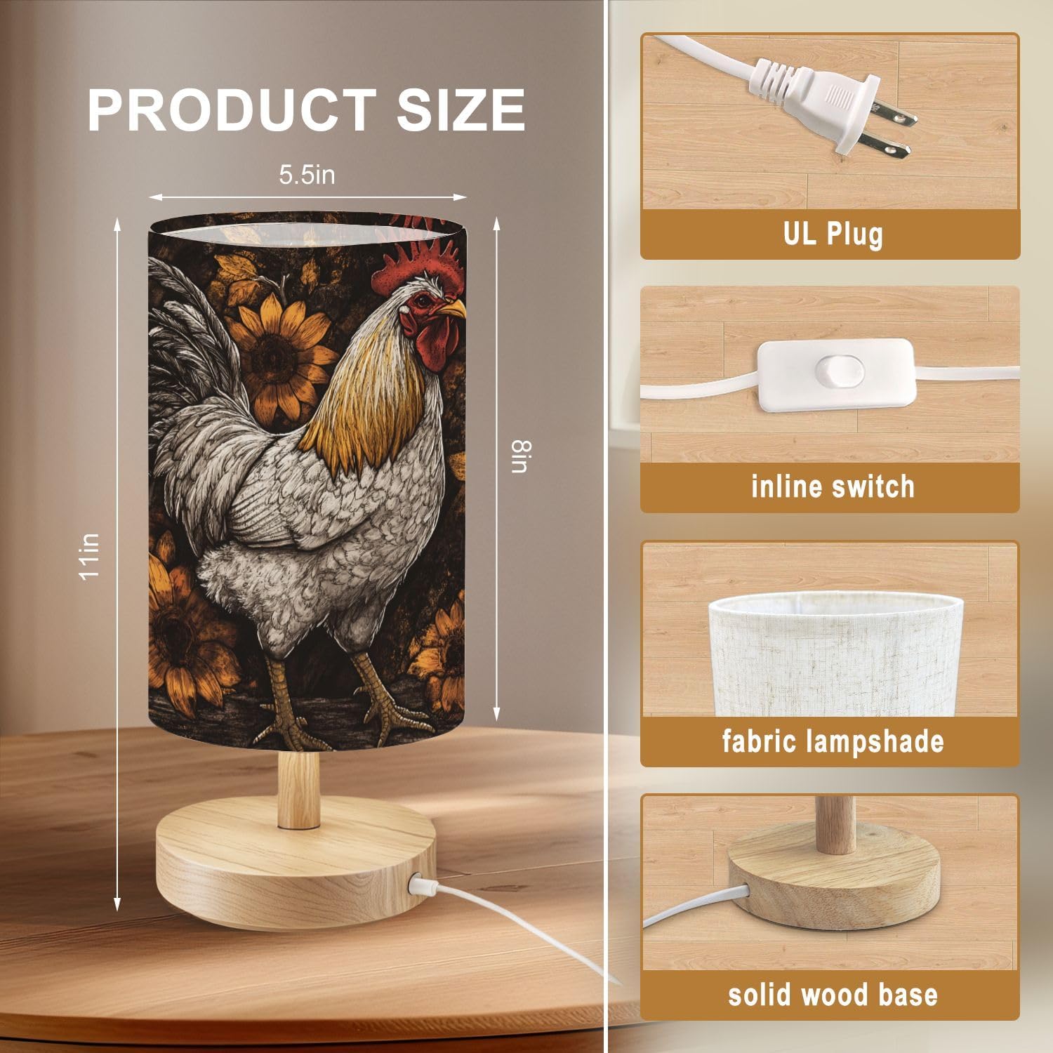 Bedside Table Lamp Stained Glass Rooster Sunflowers Art 16-Way Dimmable Small Desk Lamp with Round Flaxen Fabric Shade for Nightstand Bedroom Living Room Home Decor