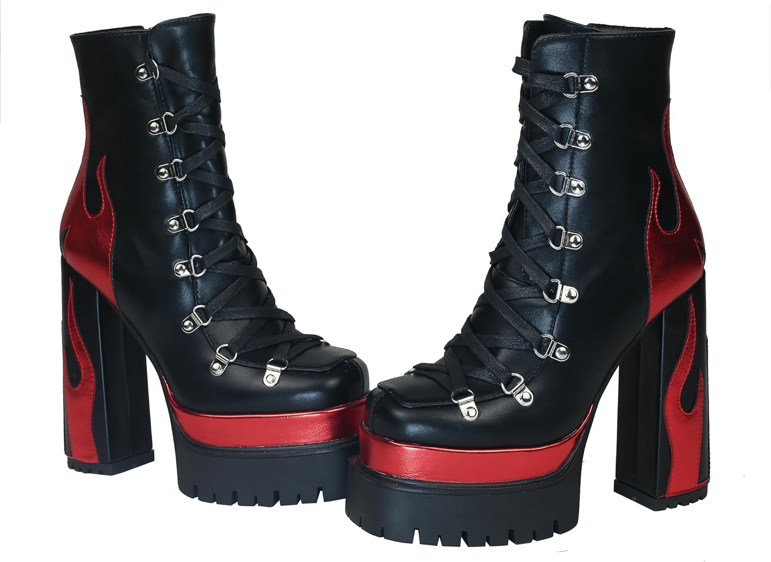 HiColor women’s silver flames printing high-heeled thick-heeled round-headed lace-up boots side zipper shoes