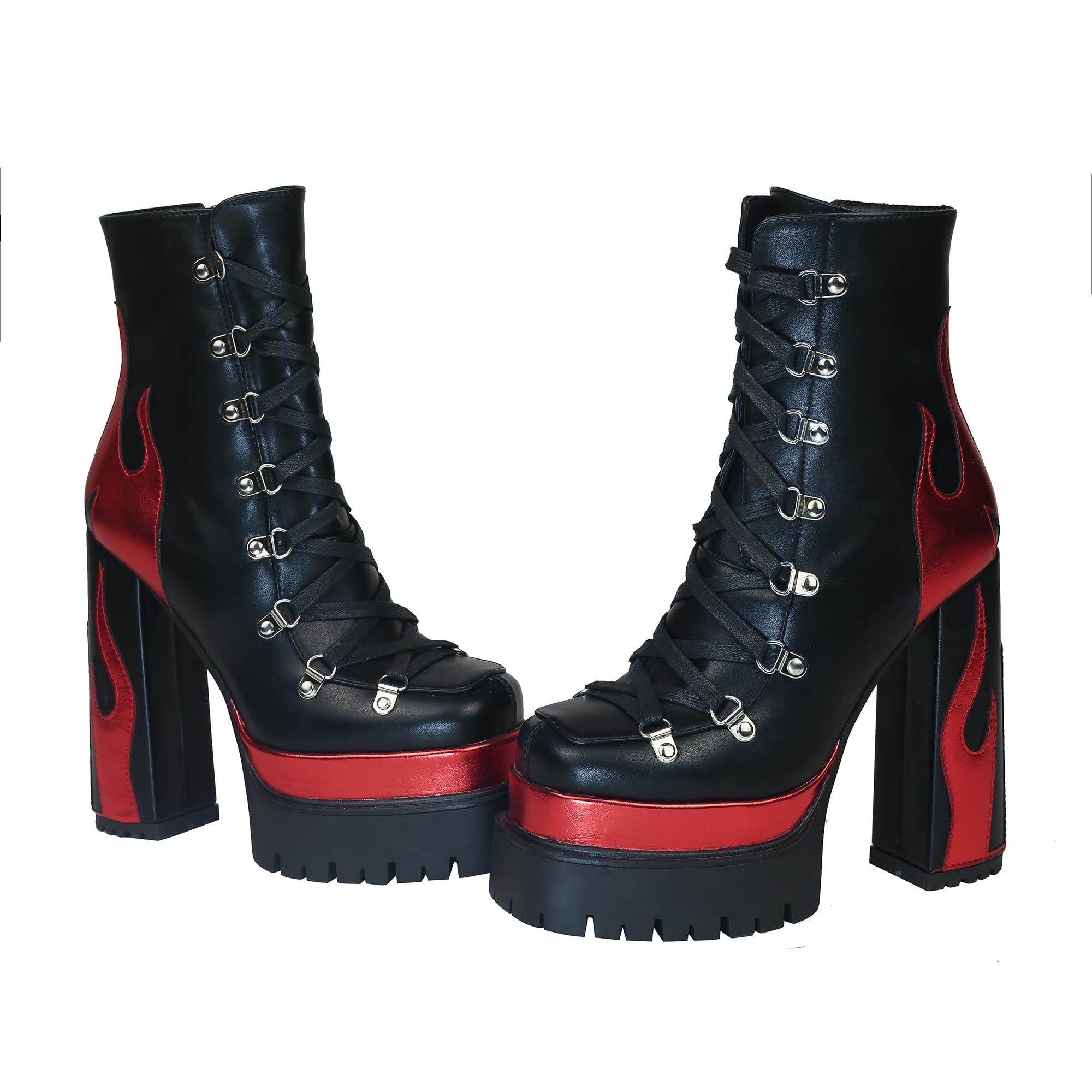 HiColor women’s silver flames printing high-heeled thick-heeled round-headed lace-up boots side zipper shoes: 7 Black-red