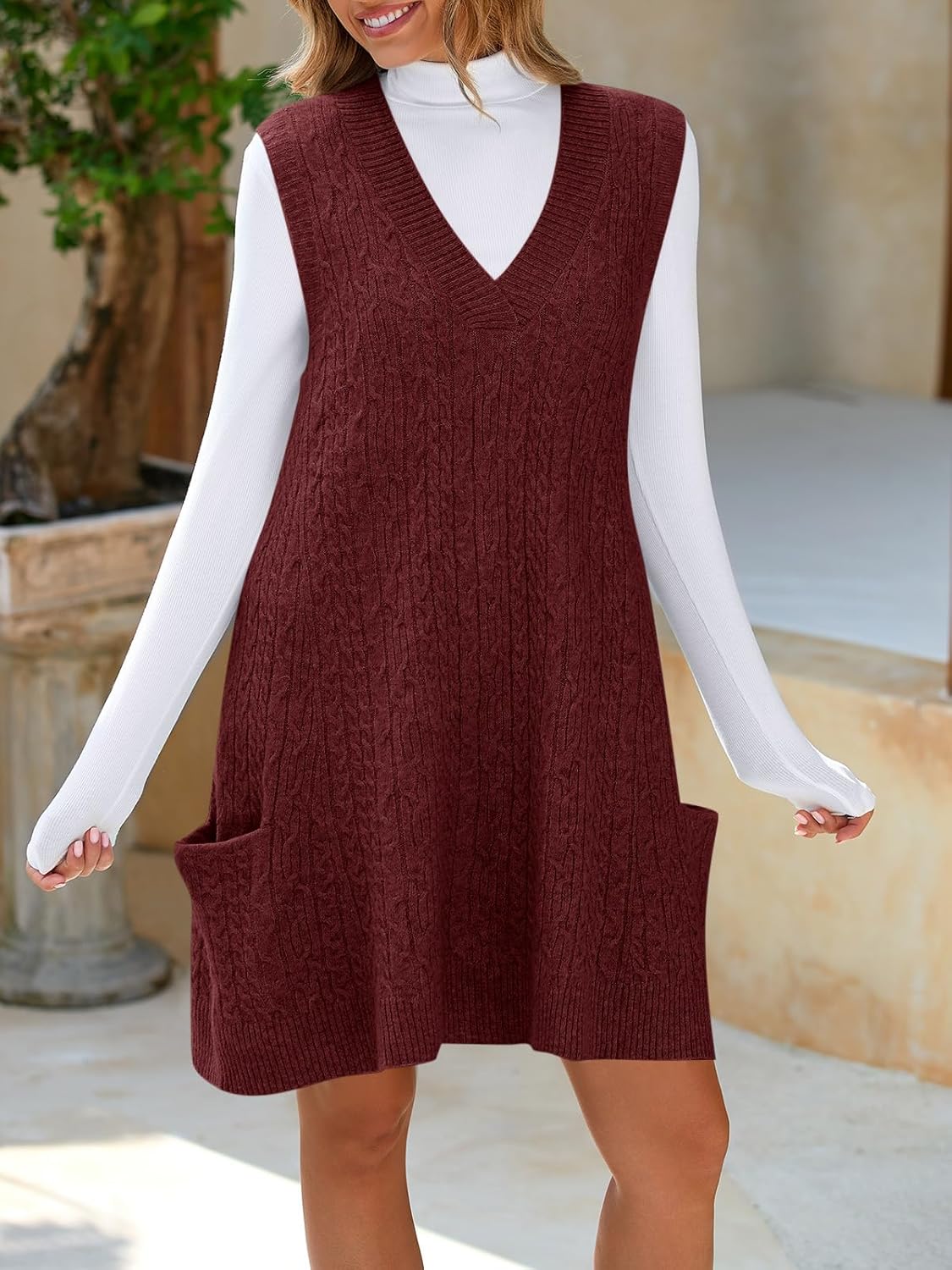 Cicy Bell Womens Oversized Sweater Vest Dress V Neck Sleeveless Fall Trendy Casual Knit Cable Mini Dresses - Image 6