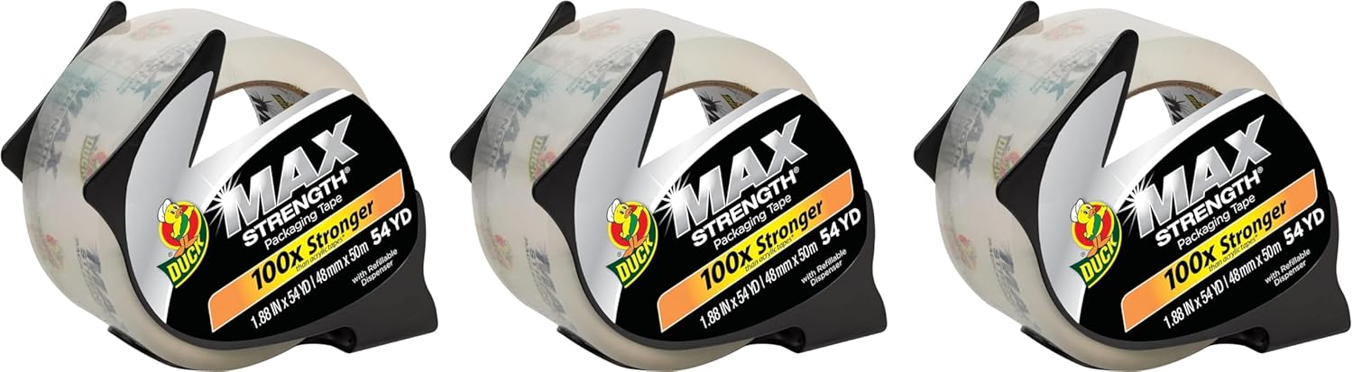 Duck Max Strength Clear Packaging Tape, Maximum Strength Heavy Duty Packing Tape for Shipping & Moving, 1.88 in. x 54.6 Yd. Roll, 3 Rolls Each with Dispenser (284982)