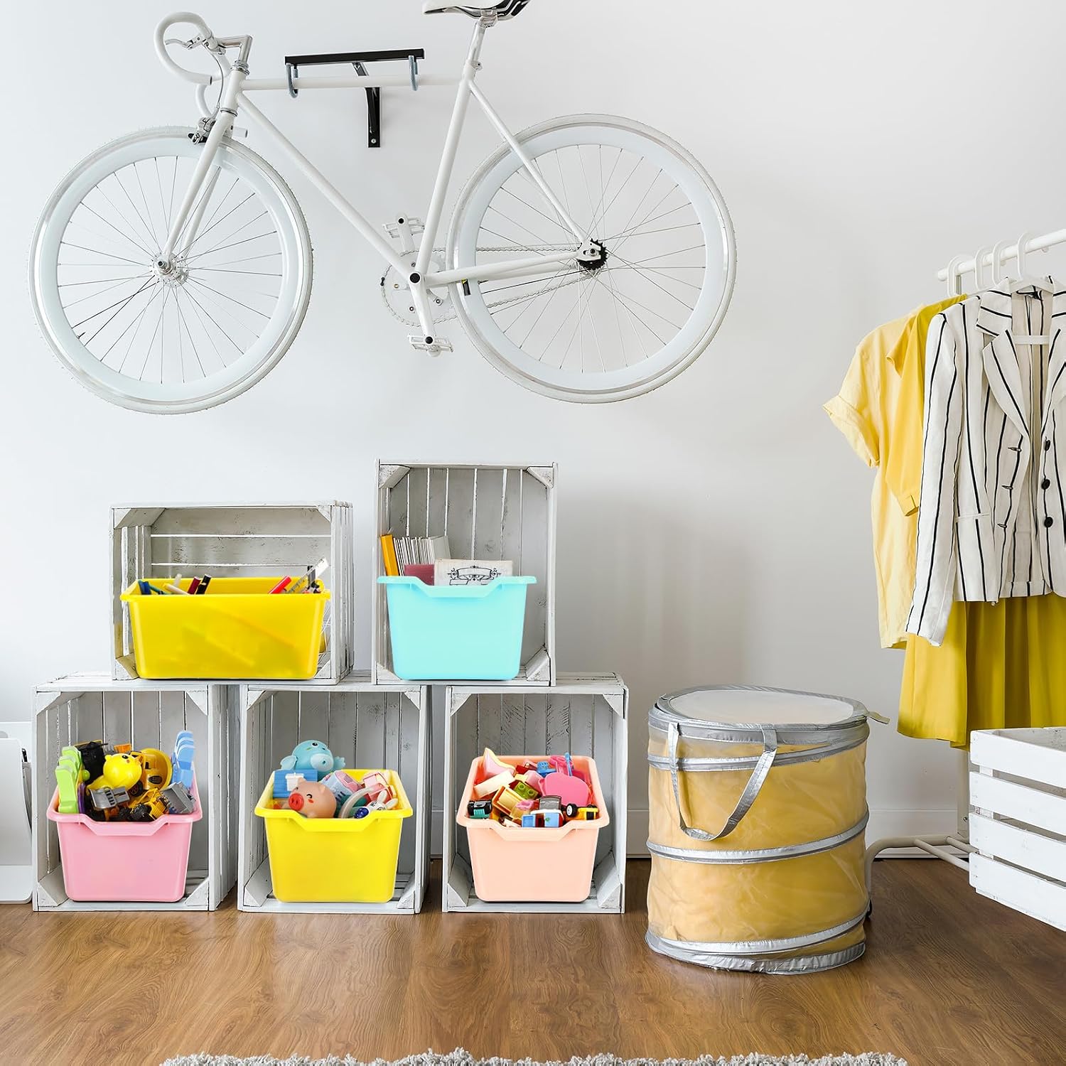 Dandat 12 Pcs Plastic Cubby Bins 16 and 11 Inch Book Bins for Classroom Scoop Front Stackable Storage Organizer Two Sizes Toy Storage Tubs Containers for Library School Office Home Nursery