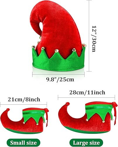 Miniatura 2 de SATINIOR Juego de accesorios de disfraz rojo y verde de Navidad con zapatos y sombrero de elfo de Papá Noel