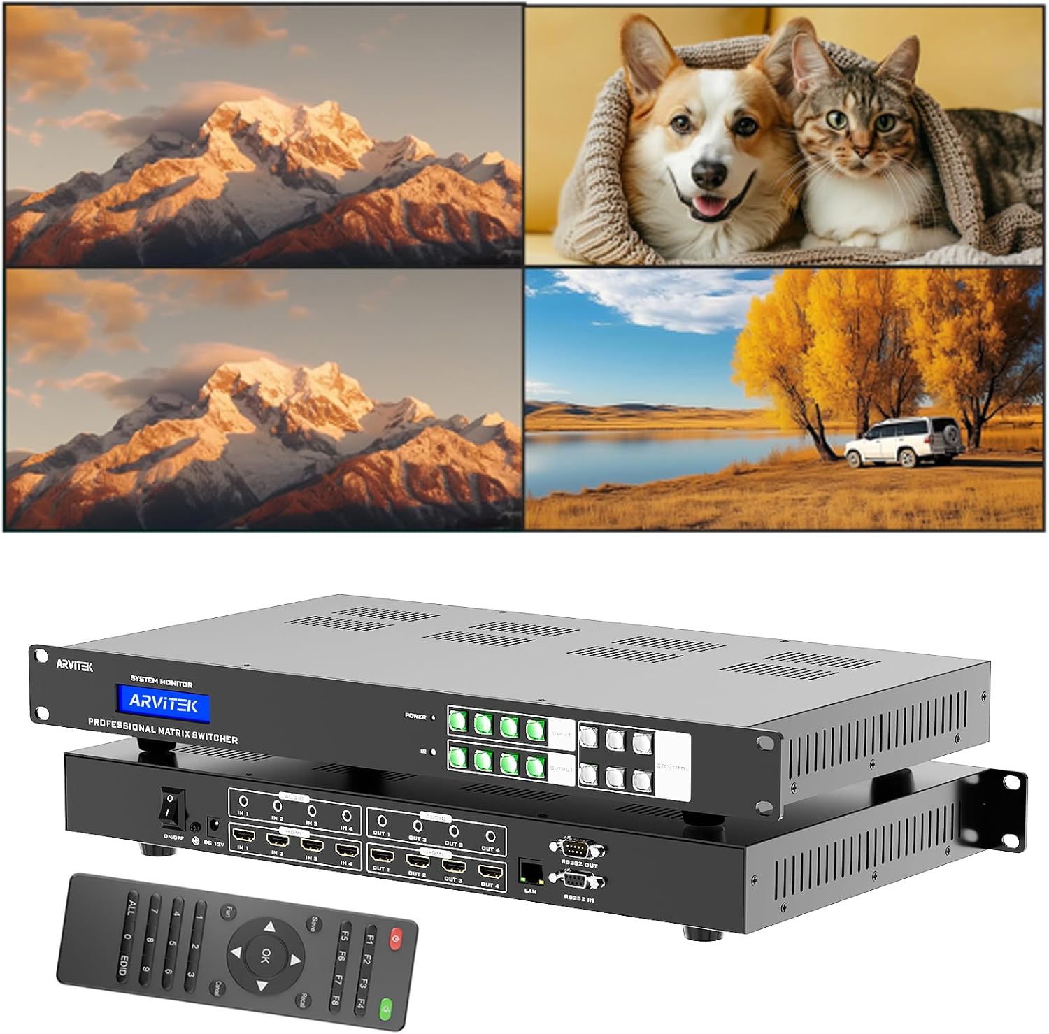 4x4 HDMI Matrix Switch w/Web & Remote 4K@60Hz(4:4:4), 4 in 4 Out HDMI Matrix Splitter/Switcher w/3.5mm Audio Extractor, Support EDID, HDMI 2.0, HDCP 2.2, Multiple Control Way, Fit 1U 19" Server Rack