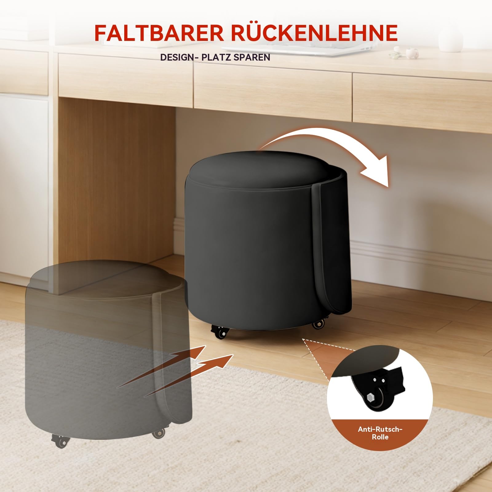 Rollbarer Kosmetikstuhl mit Stauraum, drehbarer Make-up-Stuhl mit klappbarer Rückenlehne, kleine gepolsterte Ottomane aus PU-Leder für Schlafzimmer und Wohnzimmer