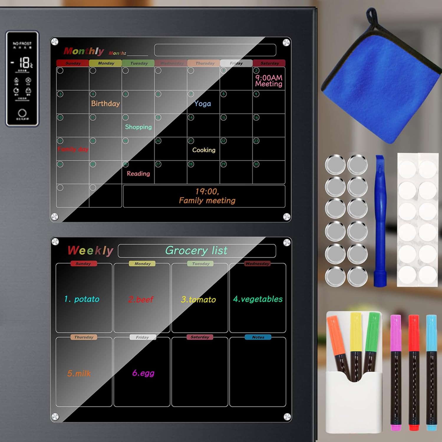 Acrylic Magnetic Calendar for Refrigerator, 2 Pack 12"x16" Black Fridge Calendar, Dry Erase Planning Boards, Monthly Planner and Weekly Planner