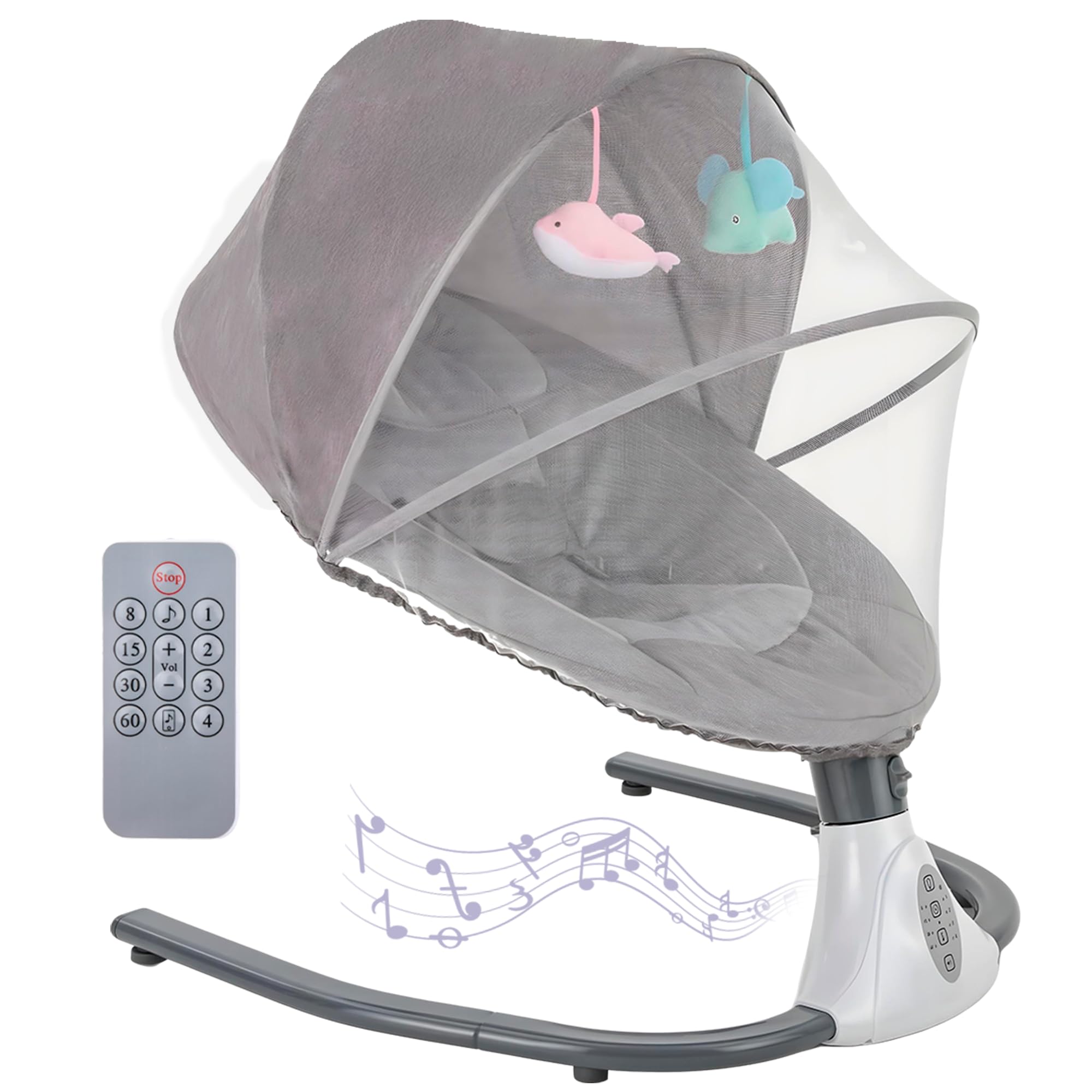 SAYCHEESE Mecedora para Bebé Eléctrica, Columpio y Silla Mecedora de Descanso con Bluetooth, Bouncer Infantil Automatizado con Control Remoto, Mosquitera y Juguetes, Gris
