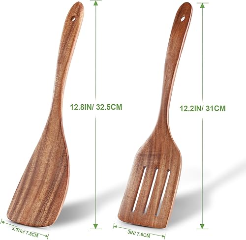 Miniatura 6 de Paquete de 2 espátulas de madera, espátula de madera de acacia con mango largo, cucharas de madera hechas a mano para cocinar, juego de utensilios