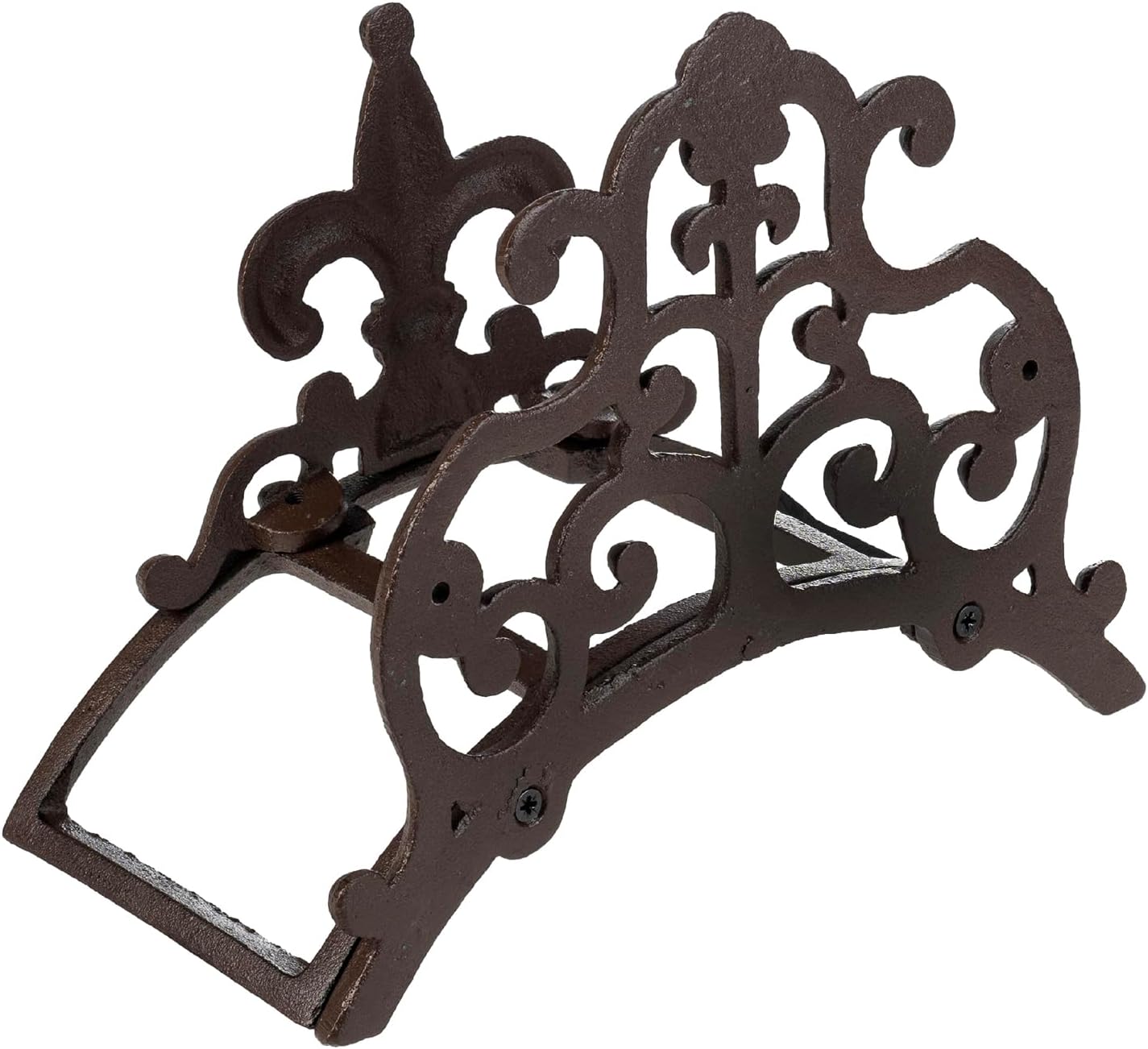 MyGift Dark Coffee Cast Iron Wall Mounted Garden Water Hose Holder, Decorative Vintage Fleur De Lis Floral Scrollwork Waterhose Reel Hanger Storage Rack