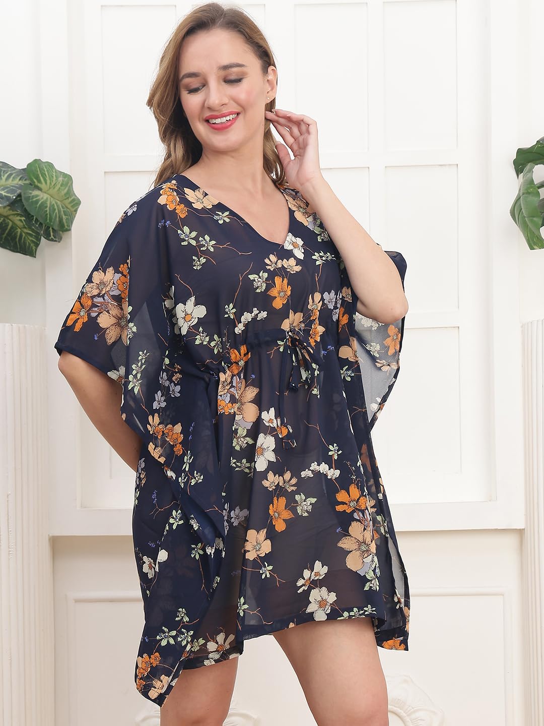 Claura Women's Beach Cover up Sarong, Orange Floral Print, Georgette, Free Size, Lightweight Swimwear Top (Navy) 3