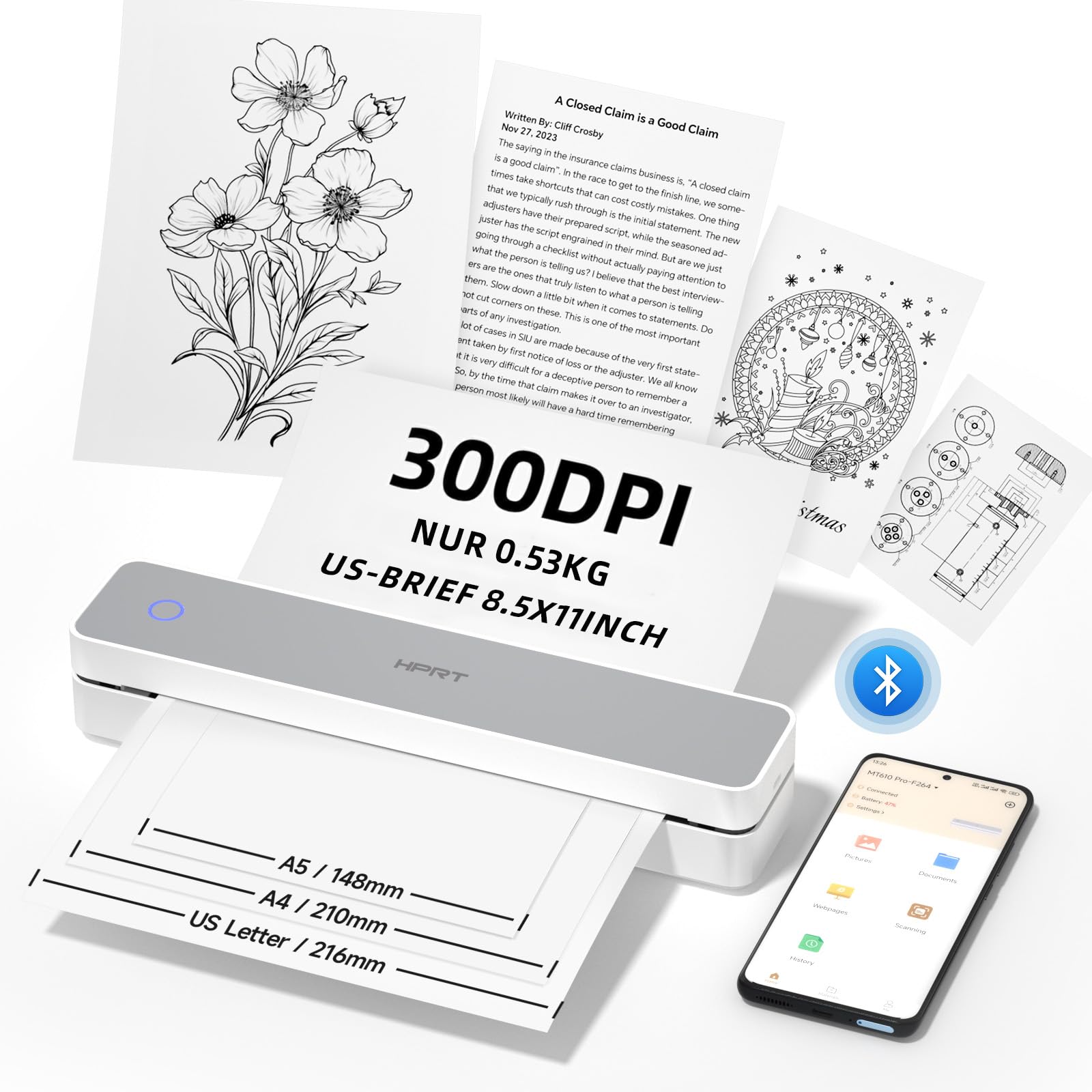 HPRT impresora portátil inalámbrica para viajes, apoya papel A4 | Impresora térmica Bluetooth compatible con iOS, Android y portátil, móvil sin tinta, para oficina, escuela, blanco/gris