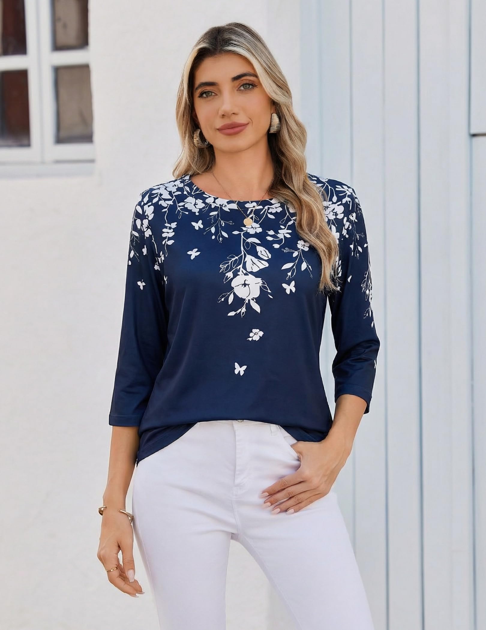 Zeagoo Camisetas para Mujer Manga 3/4 Tops básica con Cuello Redondo Blusa de Casual Verano