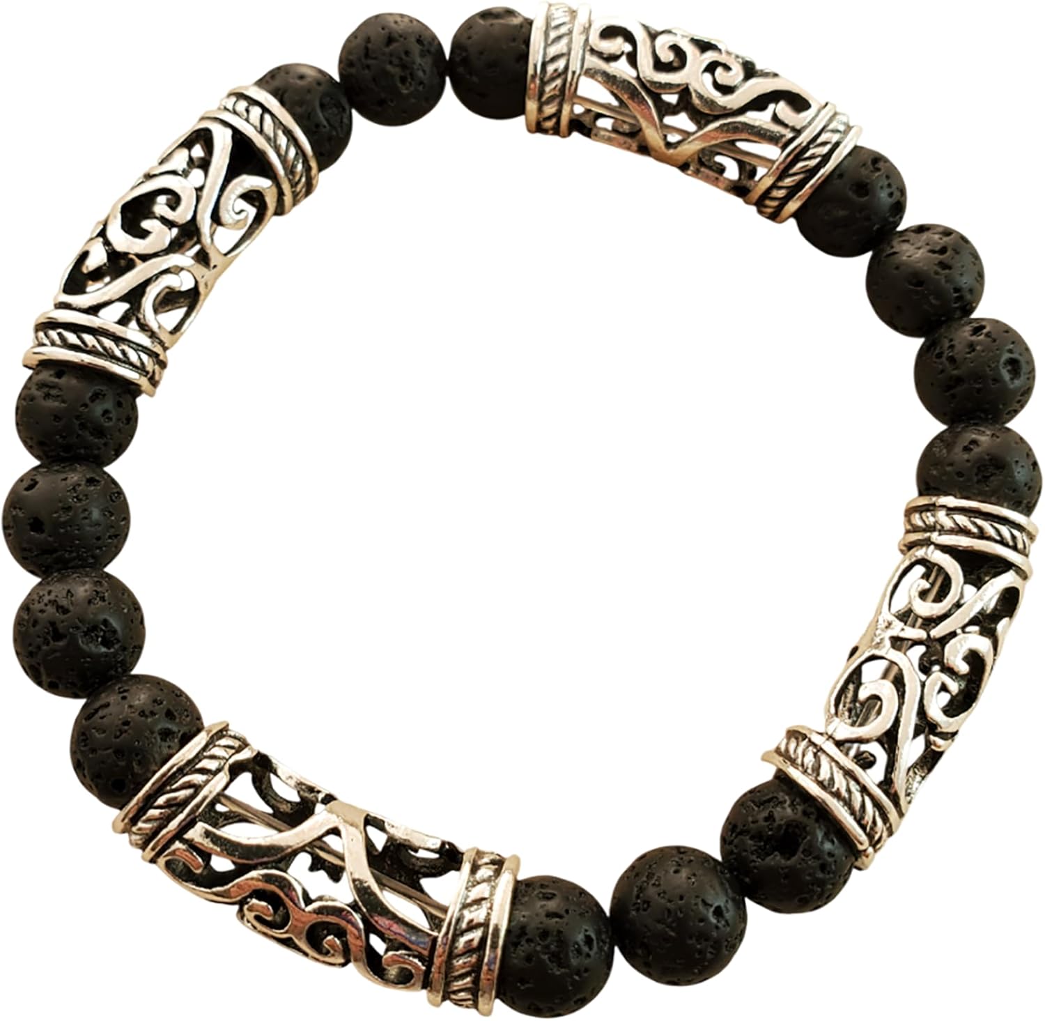 Beaded Bracelet - Sterling Silver Charm with Lava Rock - Pink Stone - Handmade Bangle - Cuff - Unisex - Adjustable - Stretchy - Essential Oil Diffuser - Aromatherapy - Aroma Jewelry - Everyday - Gifts for Men - Womens Gift(Dyed Lava Rock+Sterling Silver)