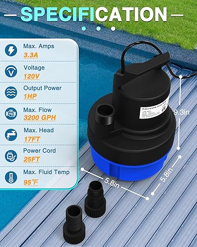 Miniatura 3 de Bomba de sumidero sumergible de 1 HP, bomba utilitaria de 3200 GPH, bombas de agua eléctricas de transferencia portátil con cable de 25 pies para