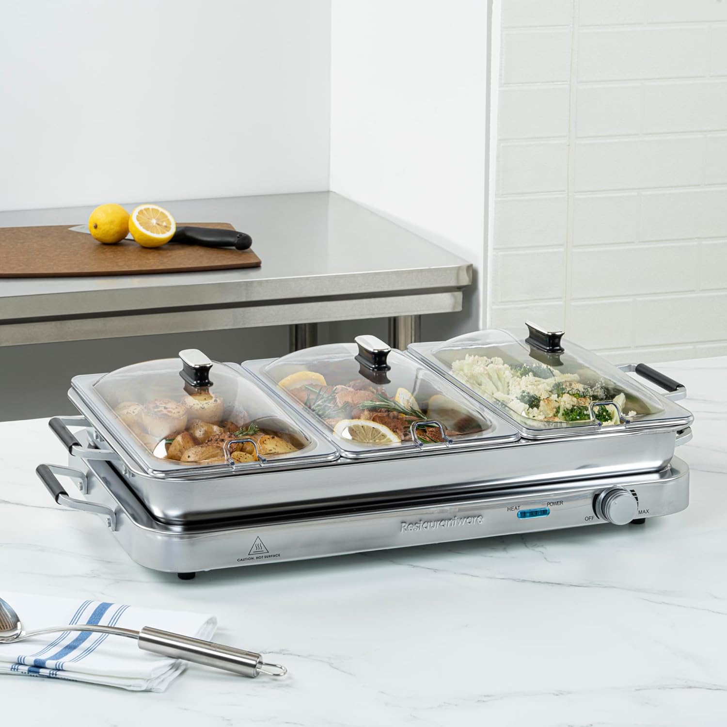 Restaurantware-Kitchen Tek Electric Food Warmer, 1 Buffet Server with Temp Control - Includes 3 x 2.5 Quart Buffet Pans and 1 x 7.5 Quart Warming Tray, Portable, Stainless Steel Chafing Dish Set