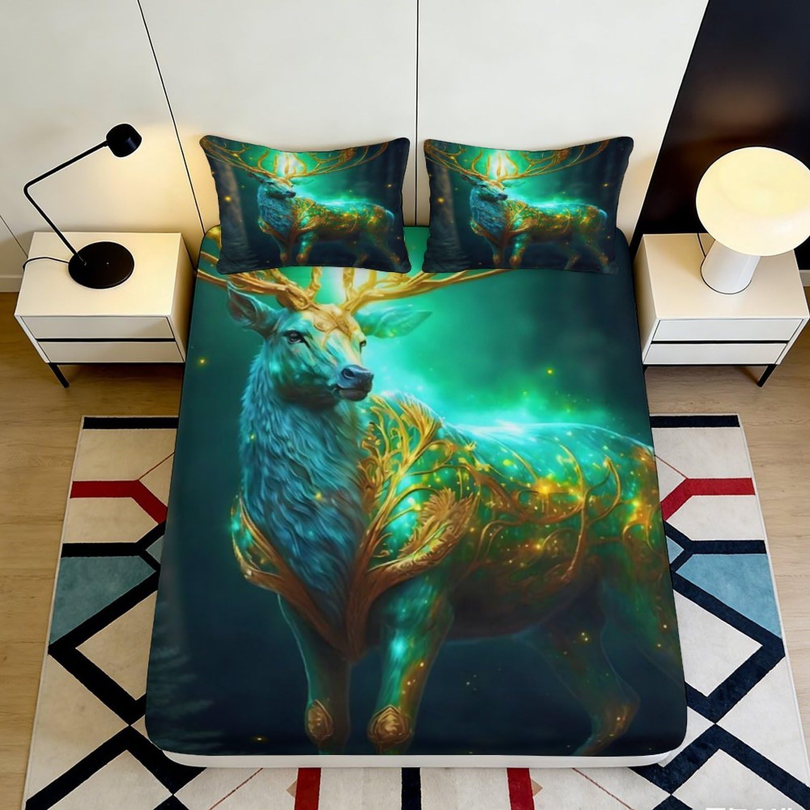 3D Printed Fantasy Deer Fitted Sheet Microfiber Soft Green Gold Forest Mattress Cover for Bedroom Guest Room Decor 140x200x25cm