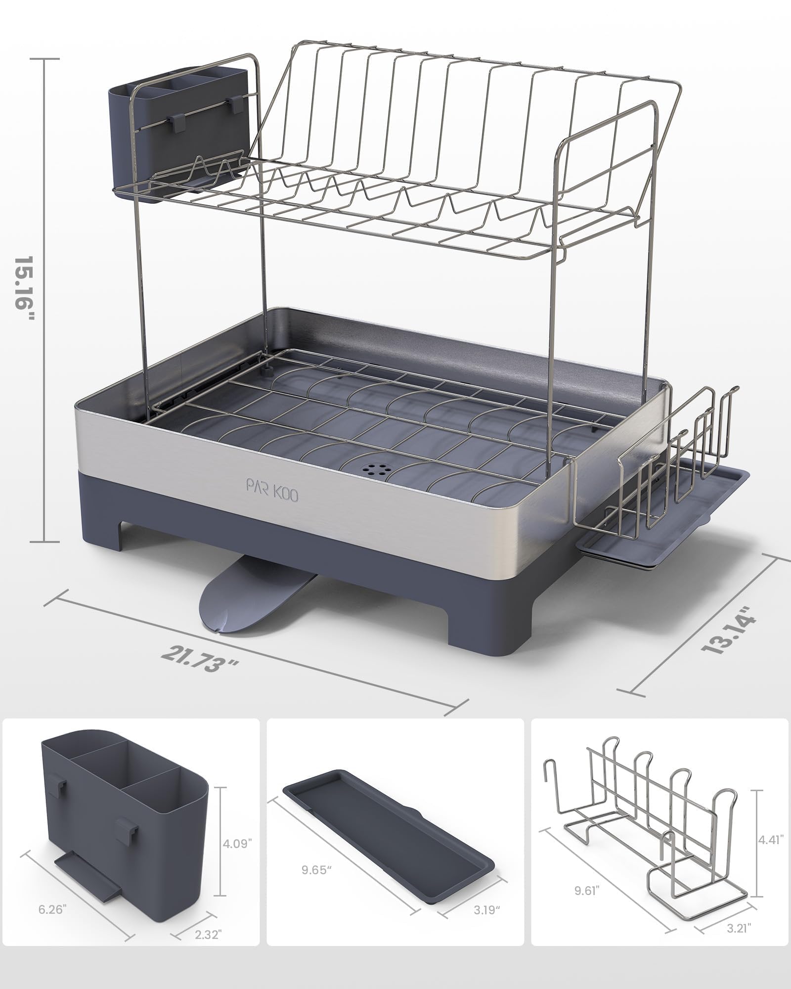 ParKoo Escurridor de platos, extragrande de 2 niveles para encimera de cocina, escurridor de platos de acero inoxidable con boquilla giratoria, estante grande multifuncional con soporte para