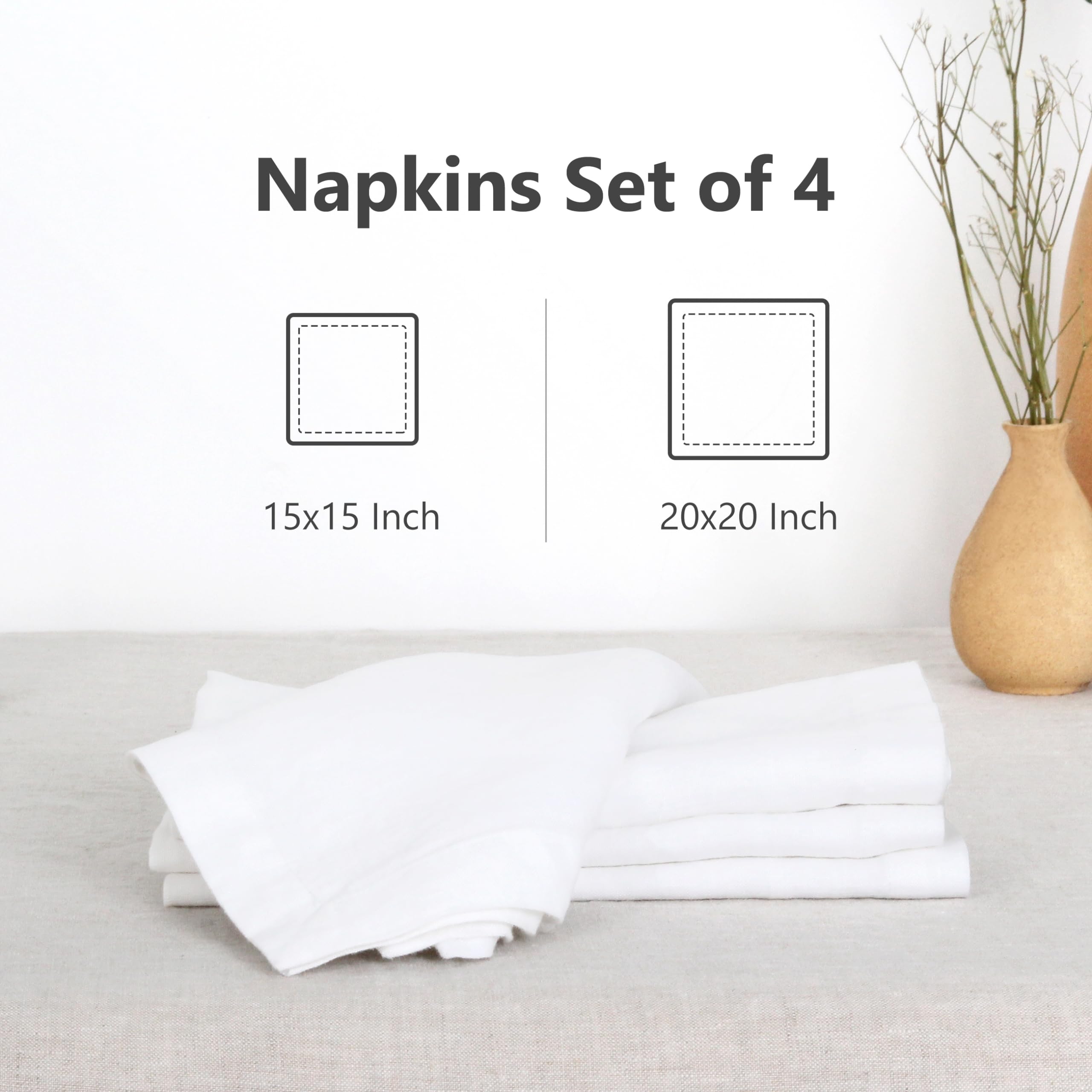 L Linen World 100% Linen Dinner Napkins 15x15 Inch,Soft and Breathable French Flax Cloth Napkins,Stone Washed Set of 4(White)