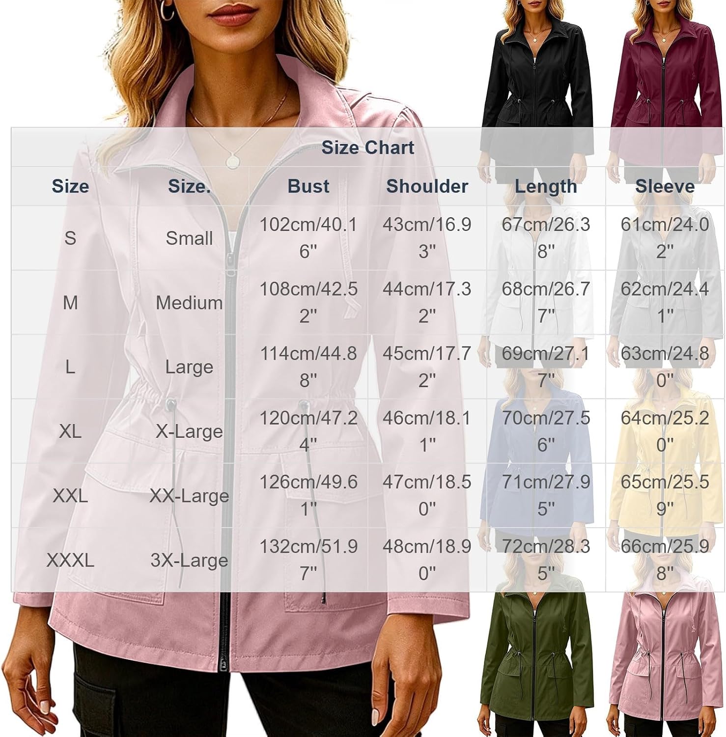 Lightweight Jacket for Women Casual Zip Up Anorak Utility Coat | Women's Waterproof Cargo Jacket with Drawstring Waist, Patch Pockets, Stand Collar, Long Sleeve for Fall Spring Travel Casual
