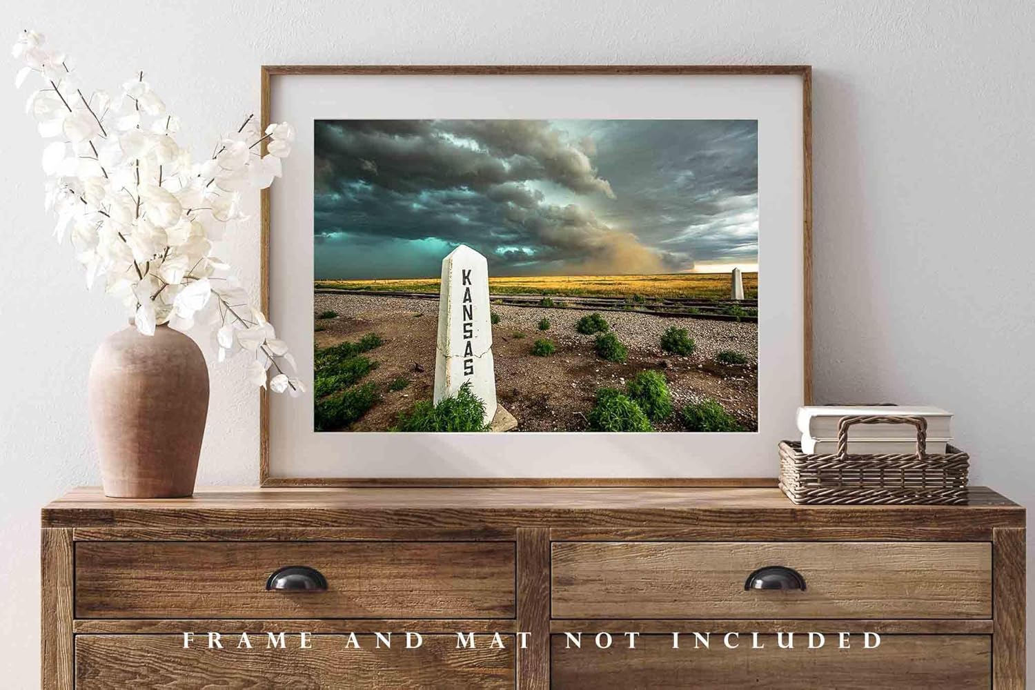 Storm Photography Print (Not Framed) Picture of Railroad Post and Thunderstorm at State Line of Kansas Great Plains Wall Art Western Decor (11" x 14")