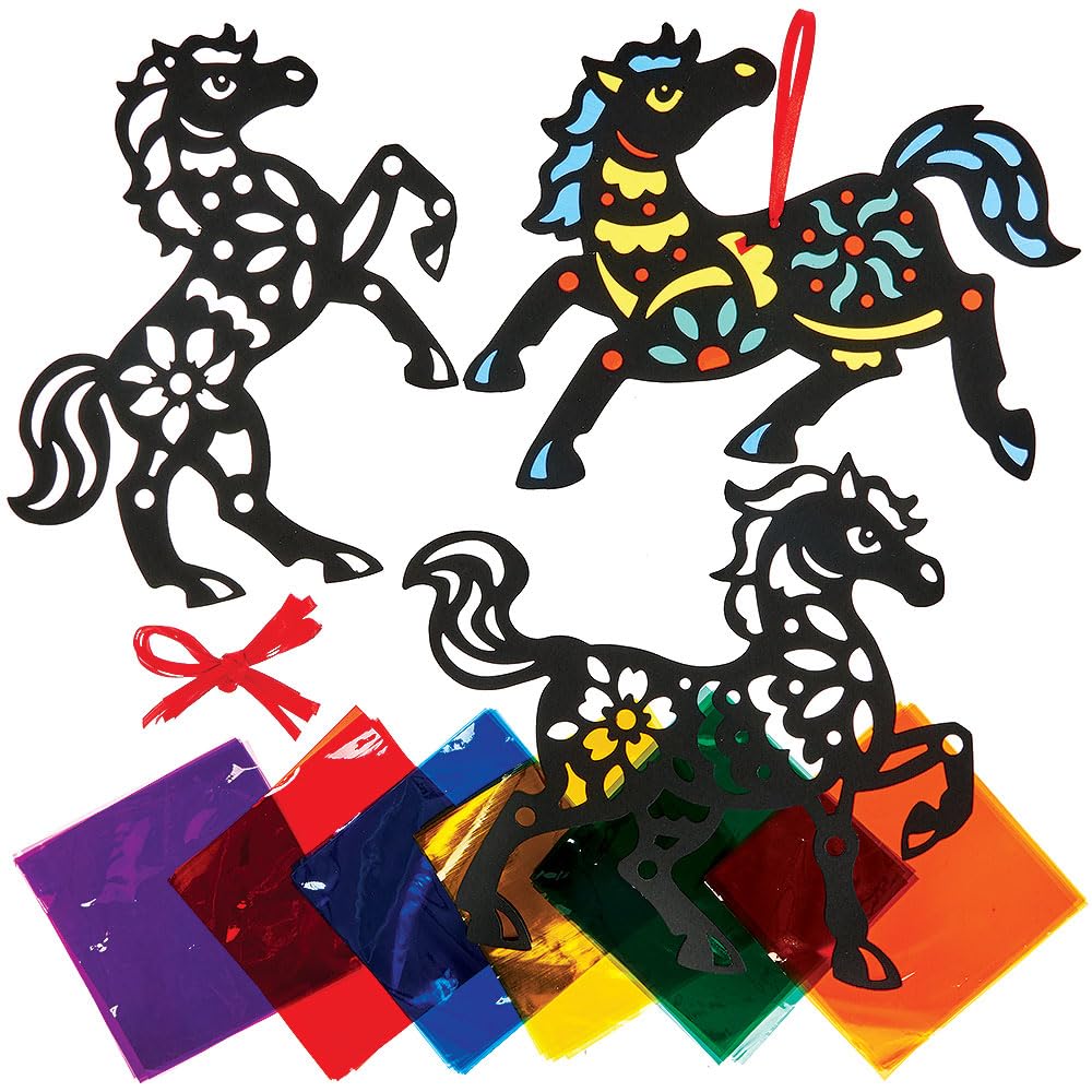 Baker Ross FN655 Year of the Horse Stained Glass Decoration Kits – Pack of 6, Chinese New Year Colourful Stained Glass Decorations