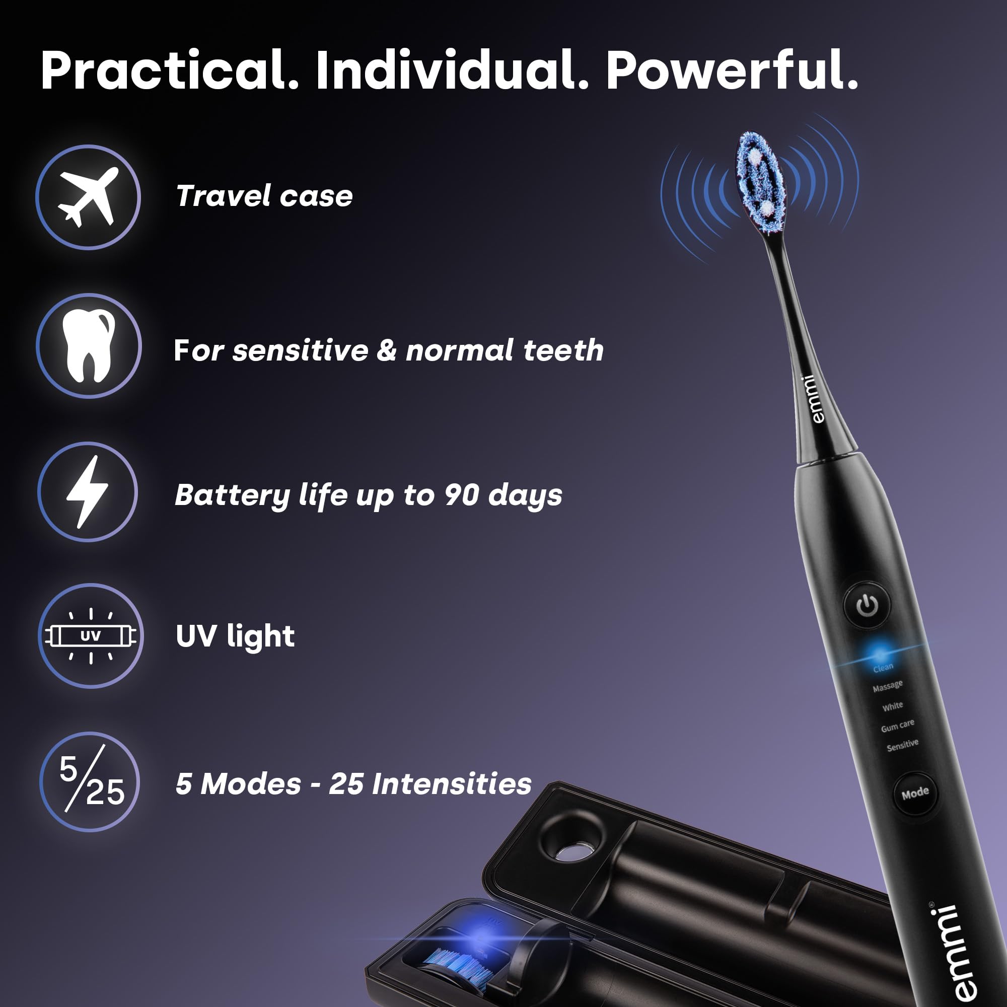 emmi Sonic Flex Brosse à dents sonique – Brosse à dents électrique avec 5 modes et 25 niveaux d'intensité, étui de voyage UV, charge sans fil et USB-C, batterie jusqu'à 90 jours, 2 têtes de brosse