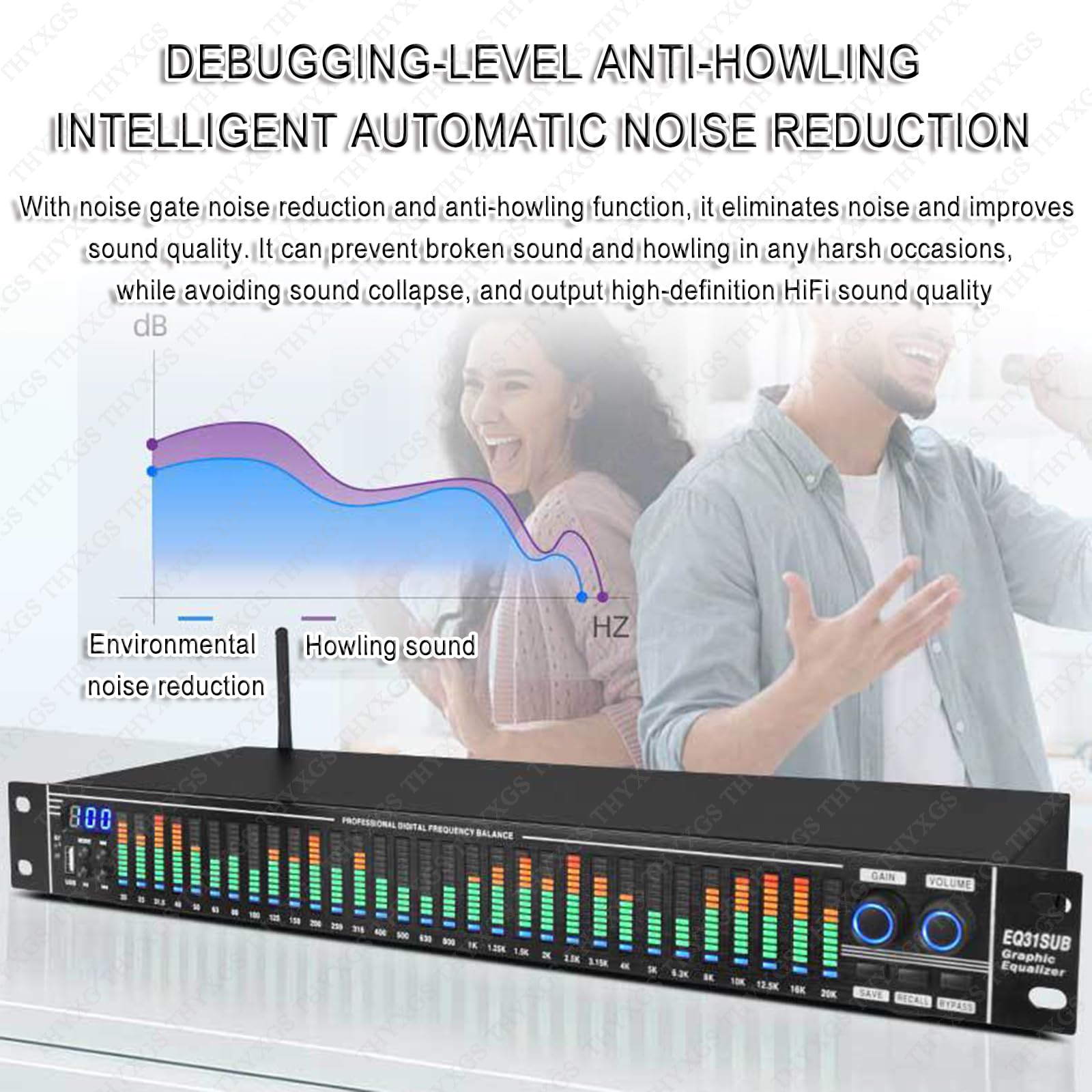 LED Digital Equalizer, 31-Band Stereo Equalizer mit Low/Mid/Treble Anpassung und intelligenter Rauschunterdrückung für Bühnenperformance und Karaoke