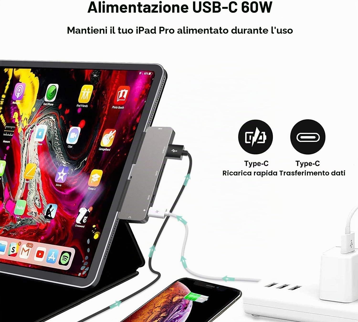Adattatore per iPad Pro USB C Hub M2 M1 12.9 11 2022-2018/iPad Air 4/5/iPad Mini 6, adattatore USB C 7in1 con HDMI 4K, jack da 3,5 mm, USB 3.0, PD 60W, SD/TF, dati USB-C 3.0, accessori iPad