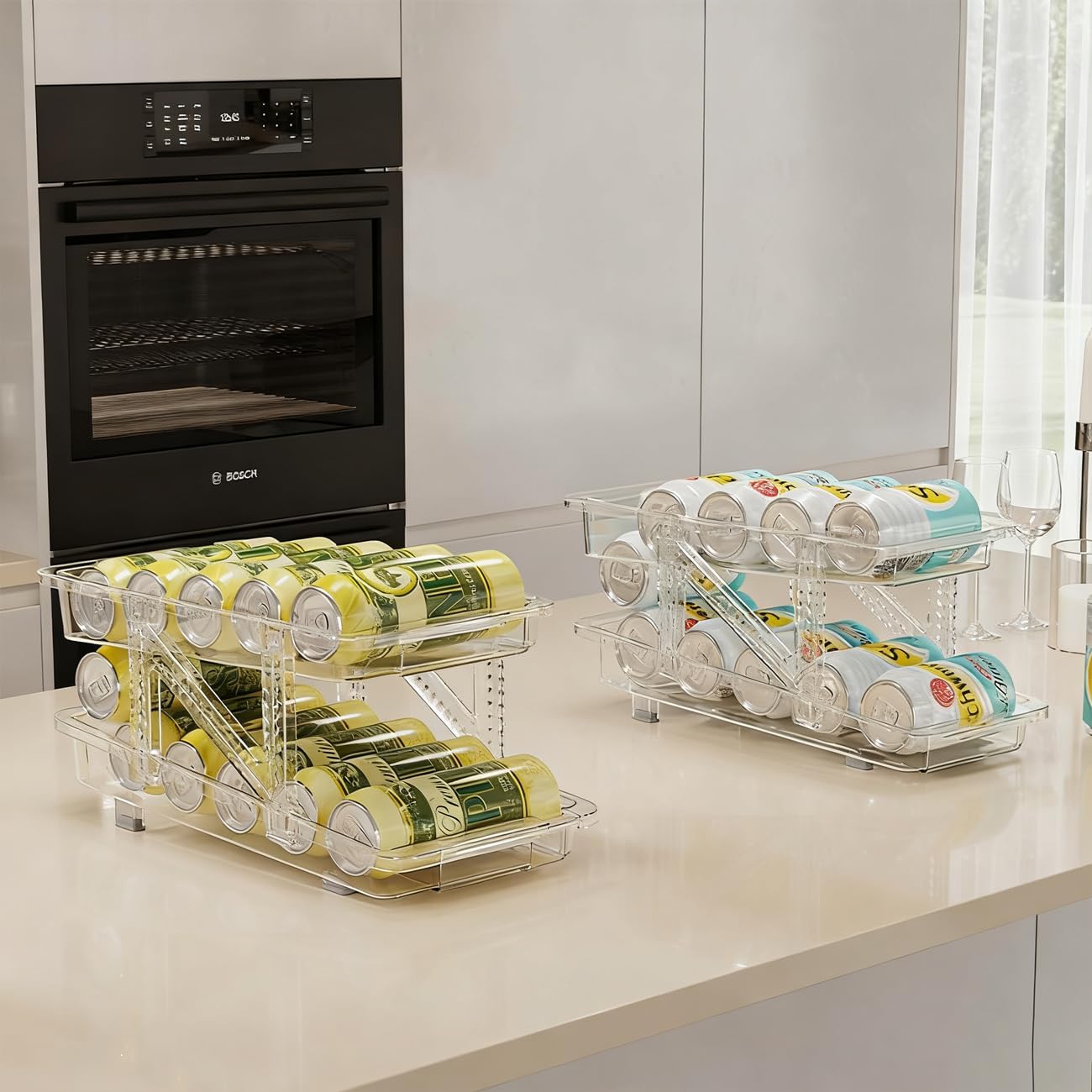 Soda Can Dispenser for Refrigerator Adjustable Width Soda Can Organizer Holder for Fridge Pull Out Design Drink Dispenser for Pantry Cabinet Office Space Saving Easy Loading(2 Pack,White)