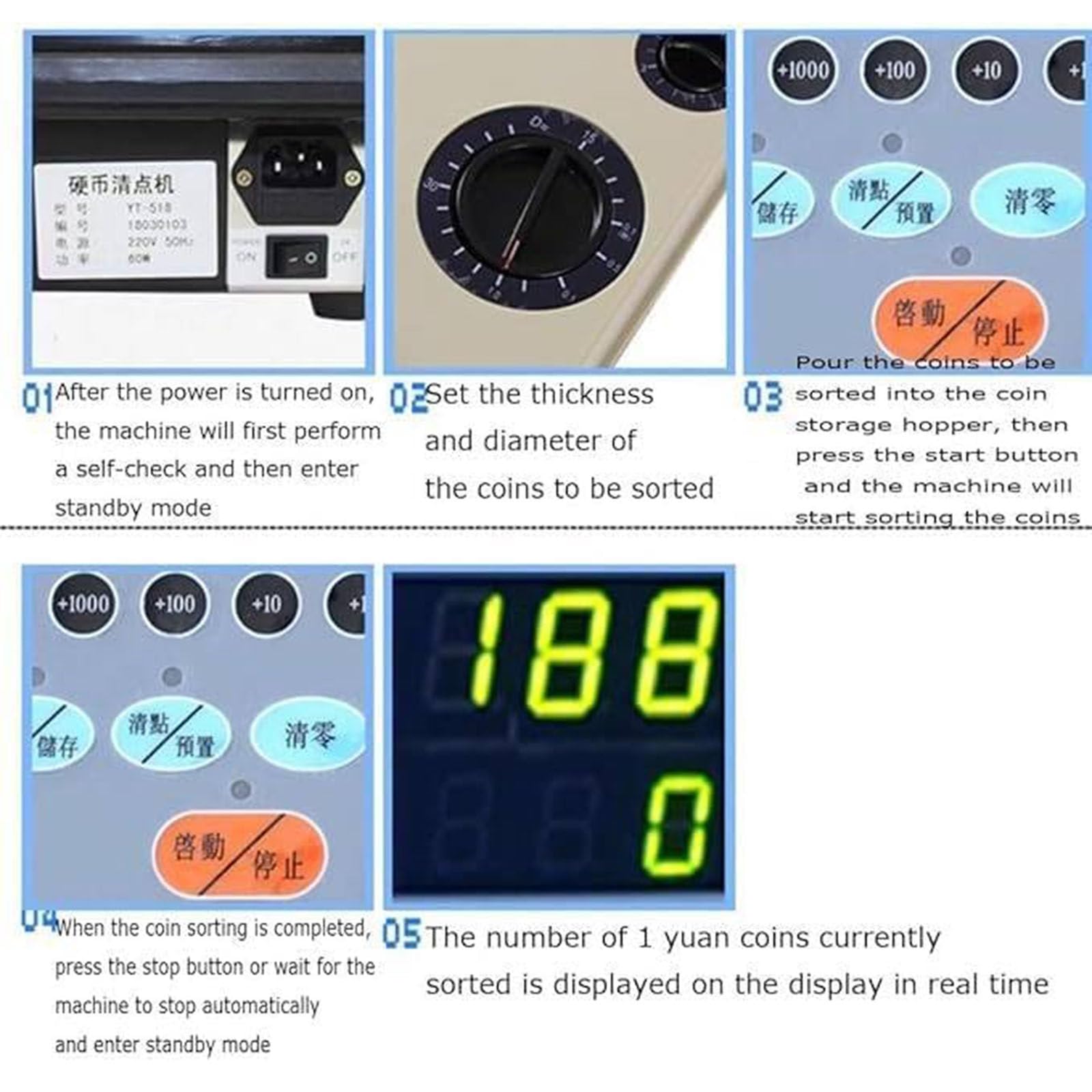Elektryczna maszyna do sortowania monet, pojemność 2000 monet, ekran LCD, sortuje monety od 14 mm do 34 mm, idealna do użytku domowego i biurowego