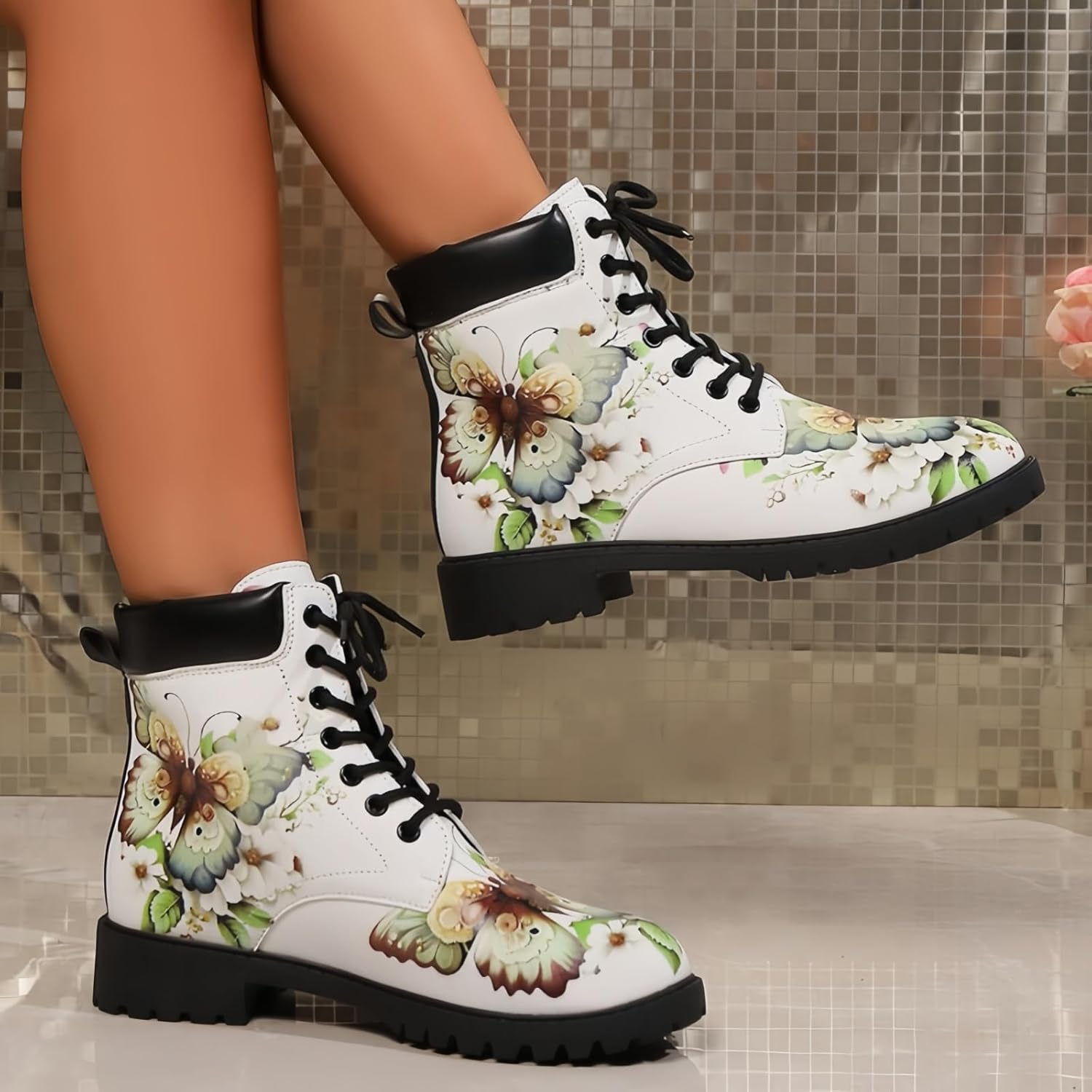 Women's Printed Short Boots Lace-up Block Heel Combat Ankle Booties for Girls Ladies Autumn and Winter Shoes Rose Skull Butterfly FLowers Cartoon Pattern