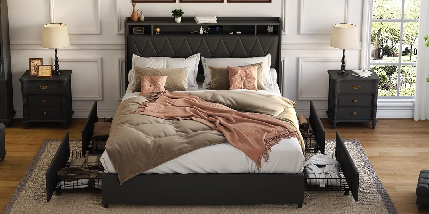 Queen Size Bed Frame, Queen Bed Platform Bed Frame with 4 Drawers, Bed Frame with Storage Shelf, Bed with Leather Headboard, Outlets & Charger, Noise-Free, No Box Spring Needed (Black, Q)