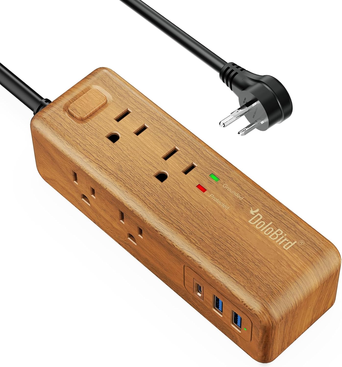 Power Strip Surge Protector 8 Outlet with 2 USB-A+1USB-C Ports Charging Station Long Extention Cord Right Angle Flat Plugs Circuit Breaker for Home Office Dorm Room (Light Wood USB-C)