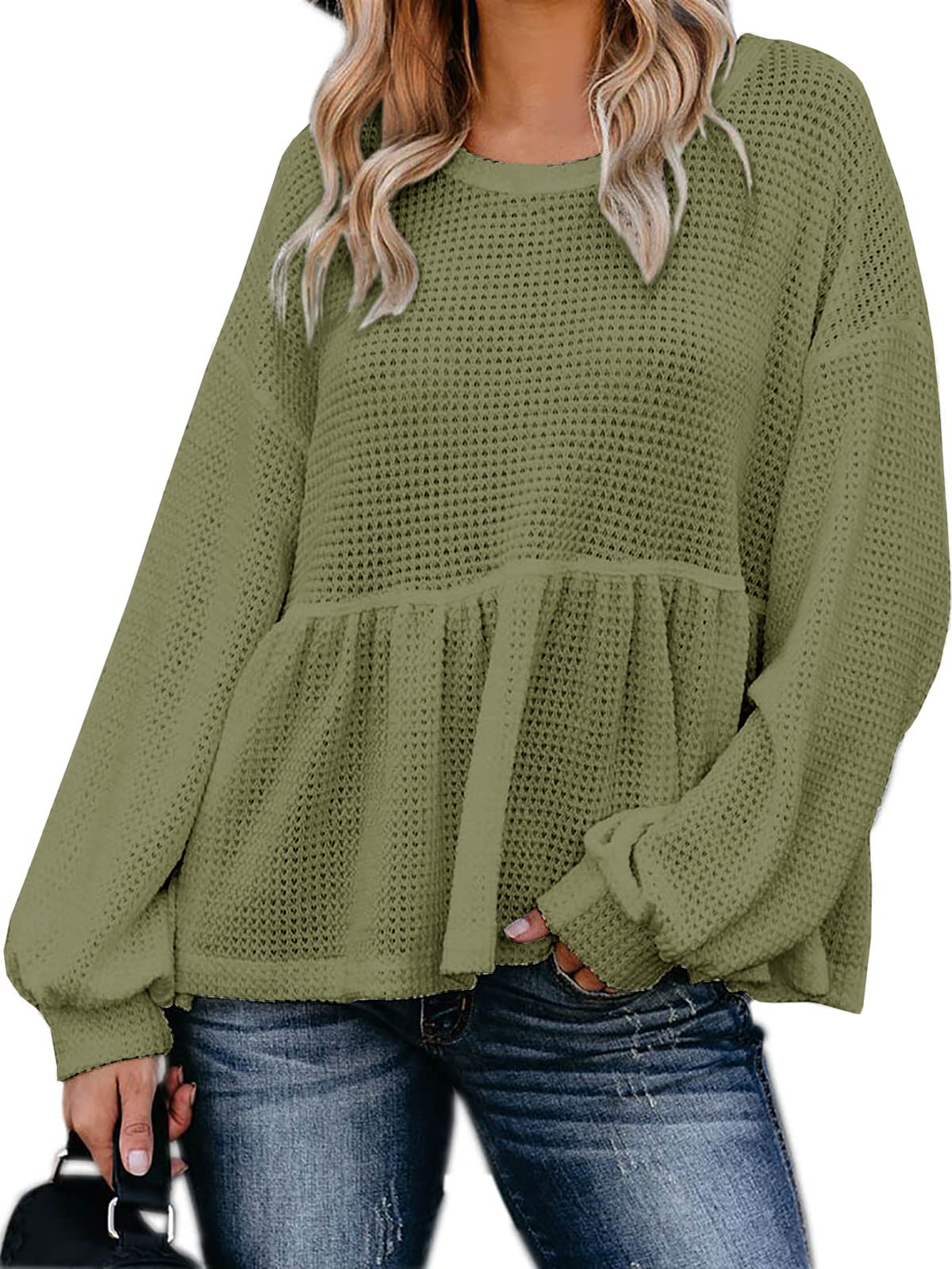 Womens Waffle Knit Shirts Long Sleeve Peplum Ruffled Layered Hem Blouse Tops (Olive Green, Small)