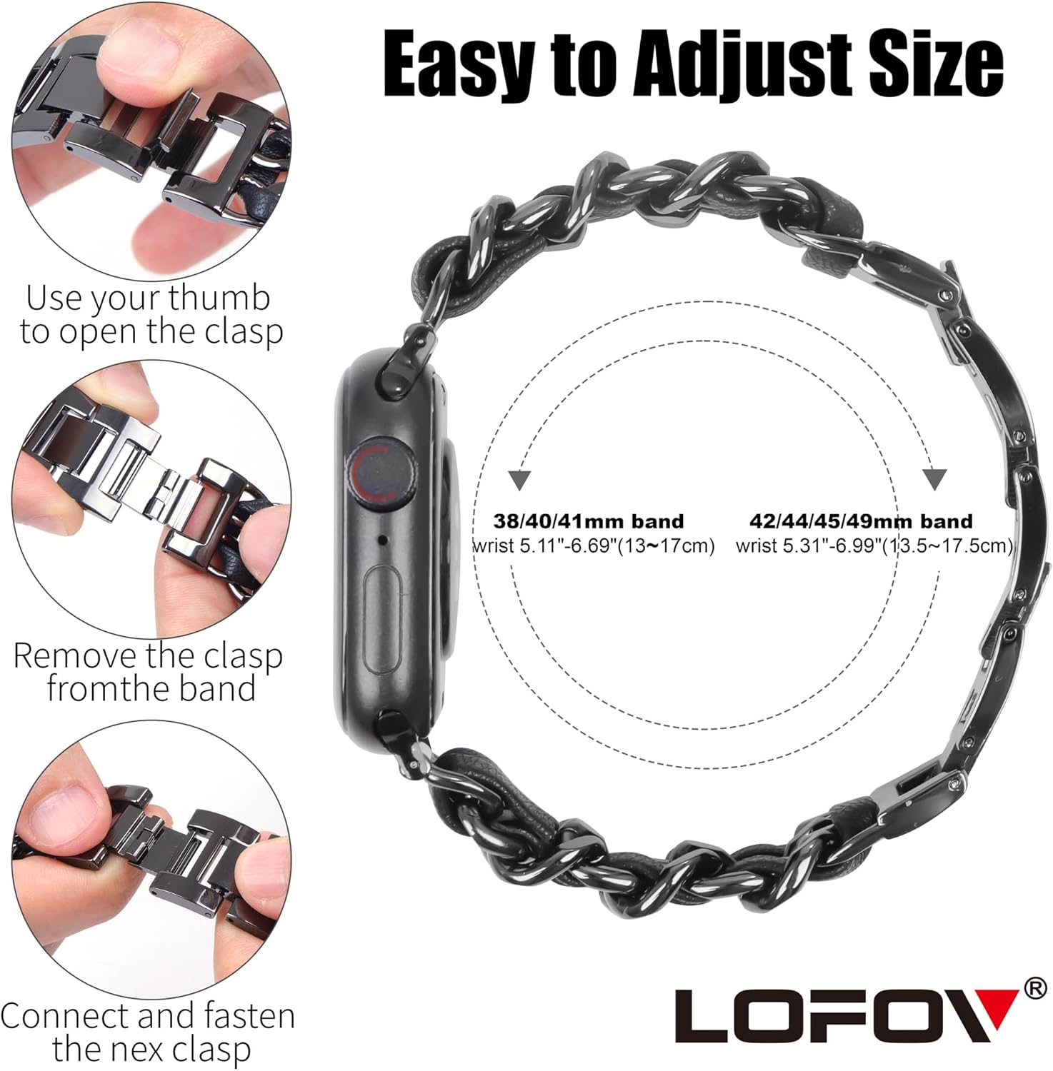 Compatible With Apple Watch Band for Woman 42mm 44mm 45mm 49mm, Metal Strap Leather Over Gold Chain Cowboy Style Replacement iWatch Series 9 8 7 6 5 4 3 2 1 SE (Black Link with Black Leather) - Image 6