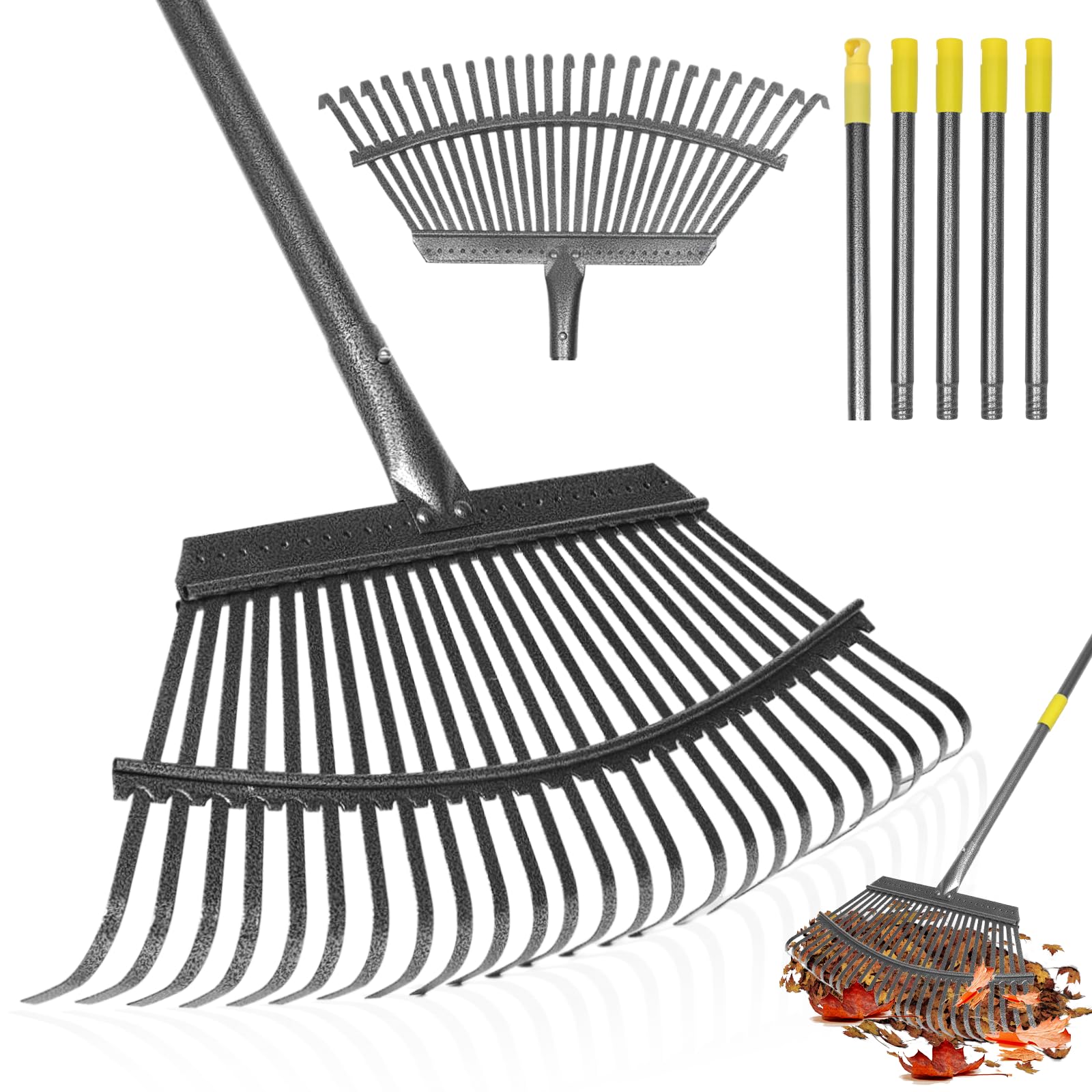 Râteau de jardin anti mal de dos avec manche de 1,8 m réglable pour ramasser les feuilles