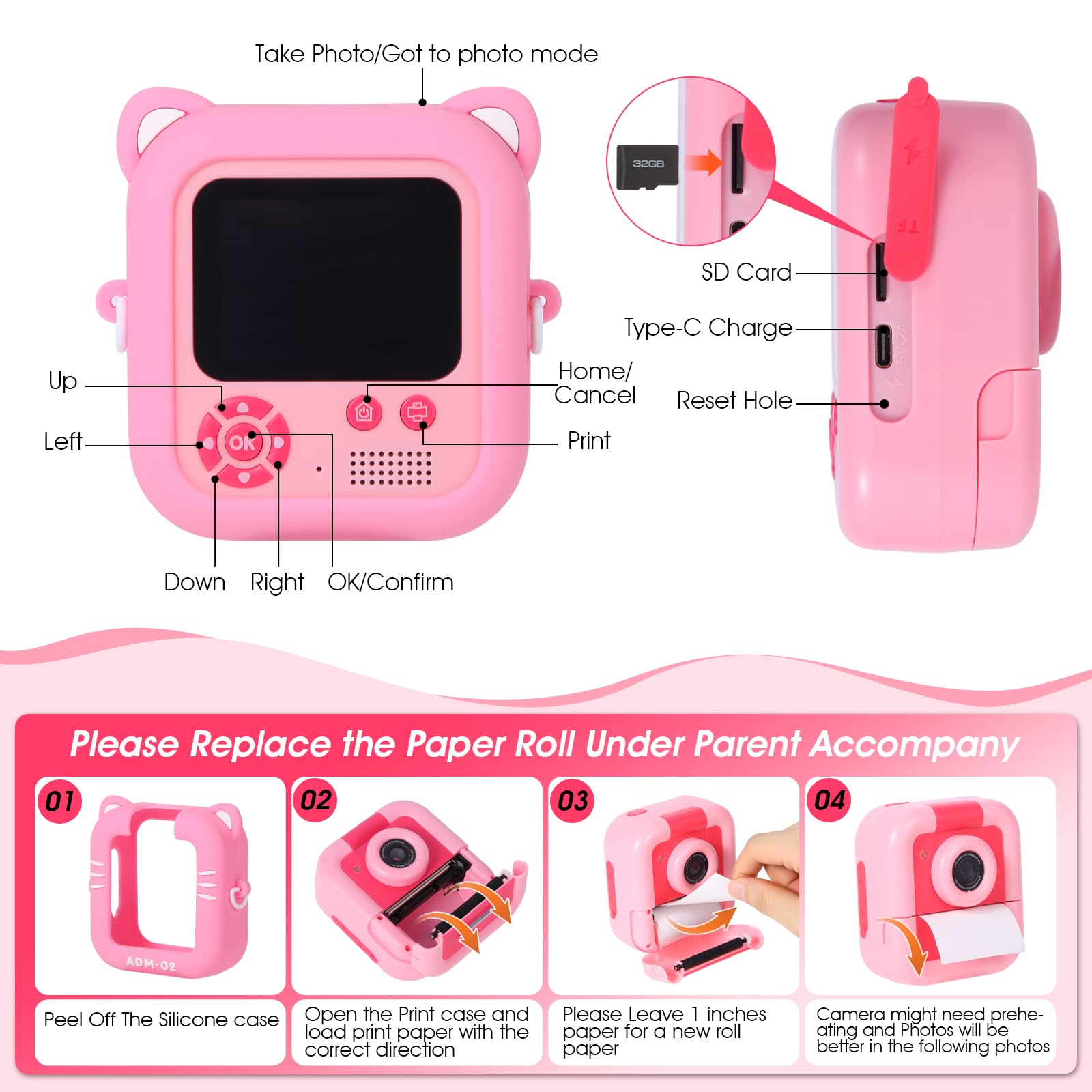 Camara Fotos Infantil Instantanea, ZUEOKAI 2.4" con Lente Giratoria 180° y 3 Papeles de Impresión, Tarjeta de 32GB y Funda de Silicona, Cumpleaños para Niño Niña de 3 a 10 Años
