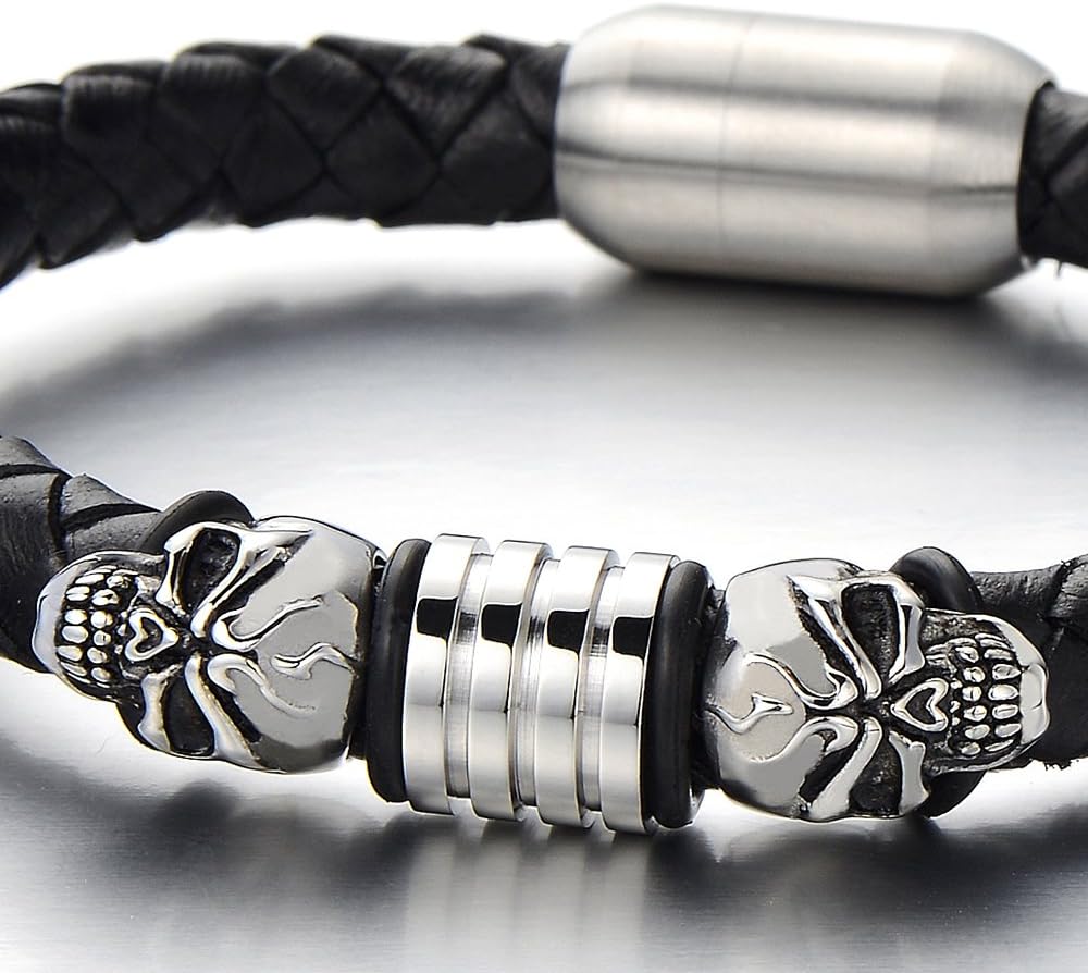 COOLSTEELANDBEYOND Mens Steel Skull Black Leather Bracelet Genuine Leather Wristband Bangle with Steel Magnetic Clasp - Image 3