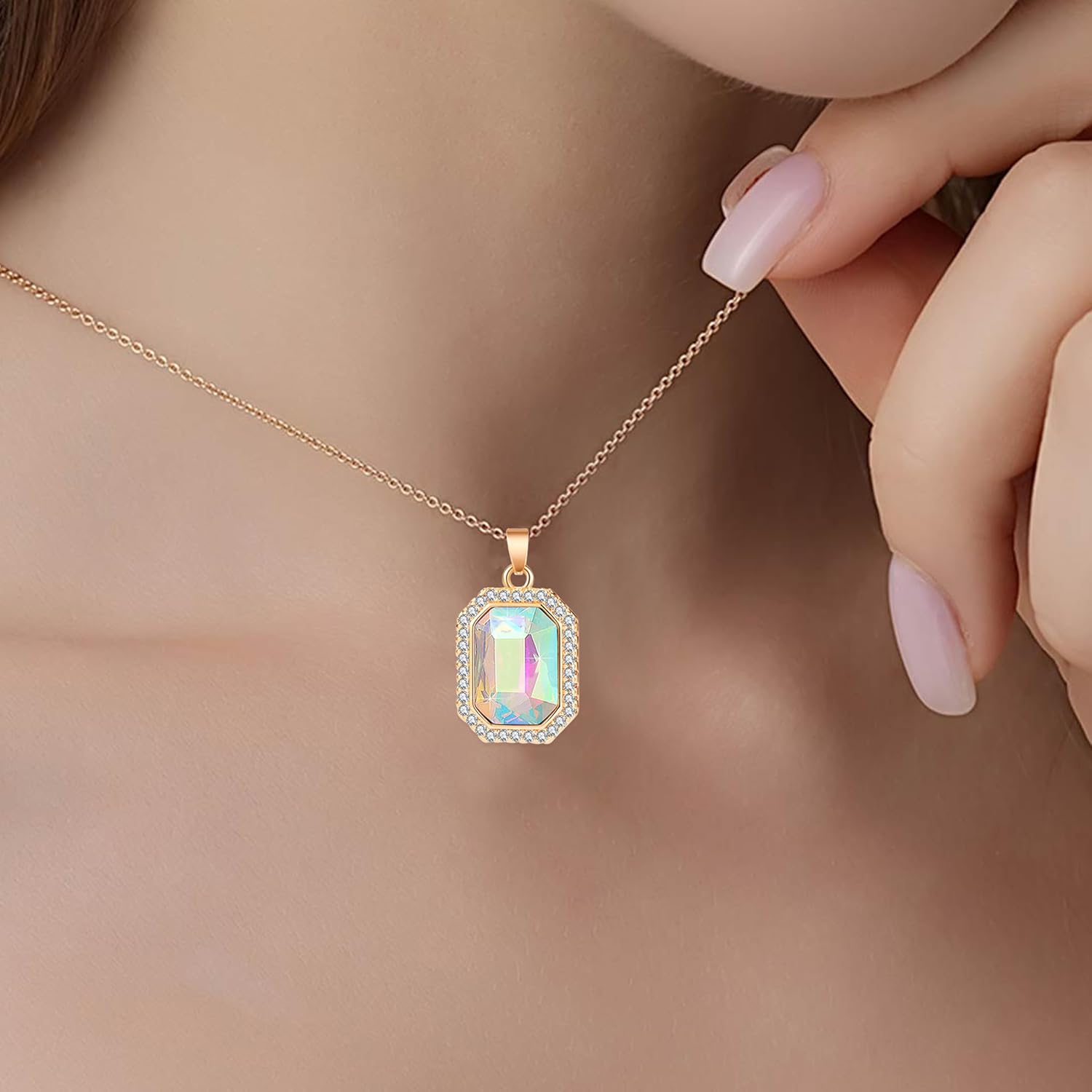 EVEVIC Austrian Crystal Halo Octagon Pendant Necklaces for Women Fashion 14K Gold Plated Dainty Necklace Hypoallergenic Jewelry - Image 2