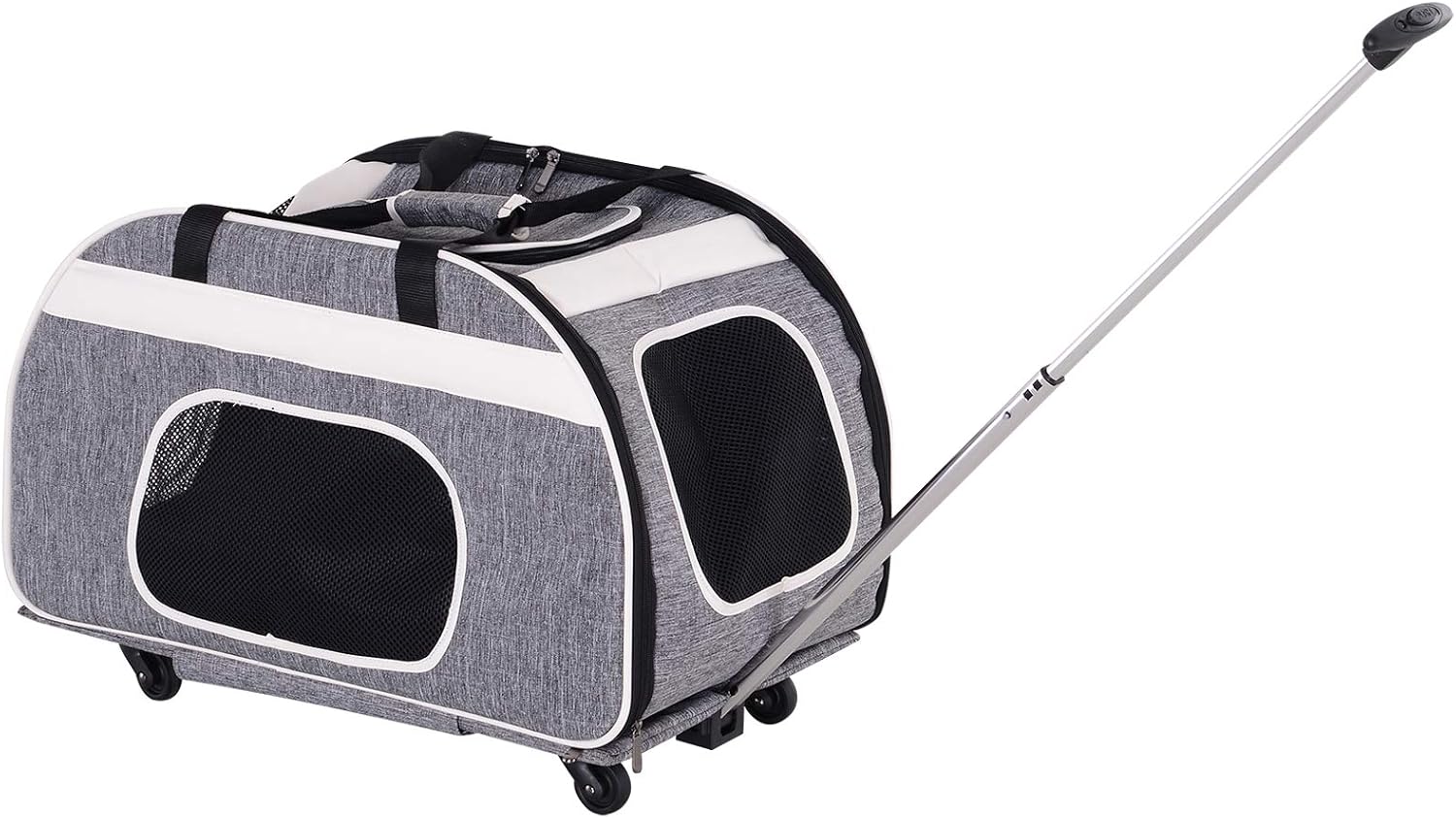 PawHut Foldable Pet Travel Carrier with Wheels, Oxford Fabric Aluminum, Small to Medium Cats and Dogs, Grey and White