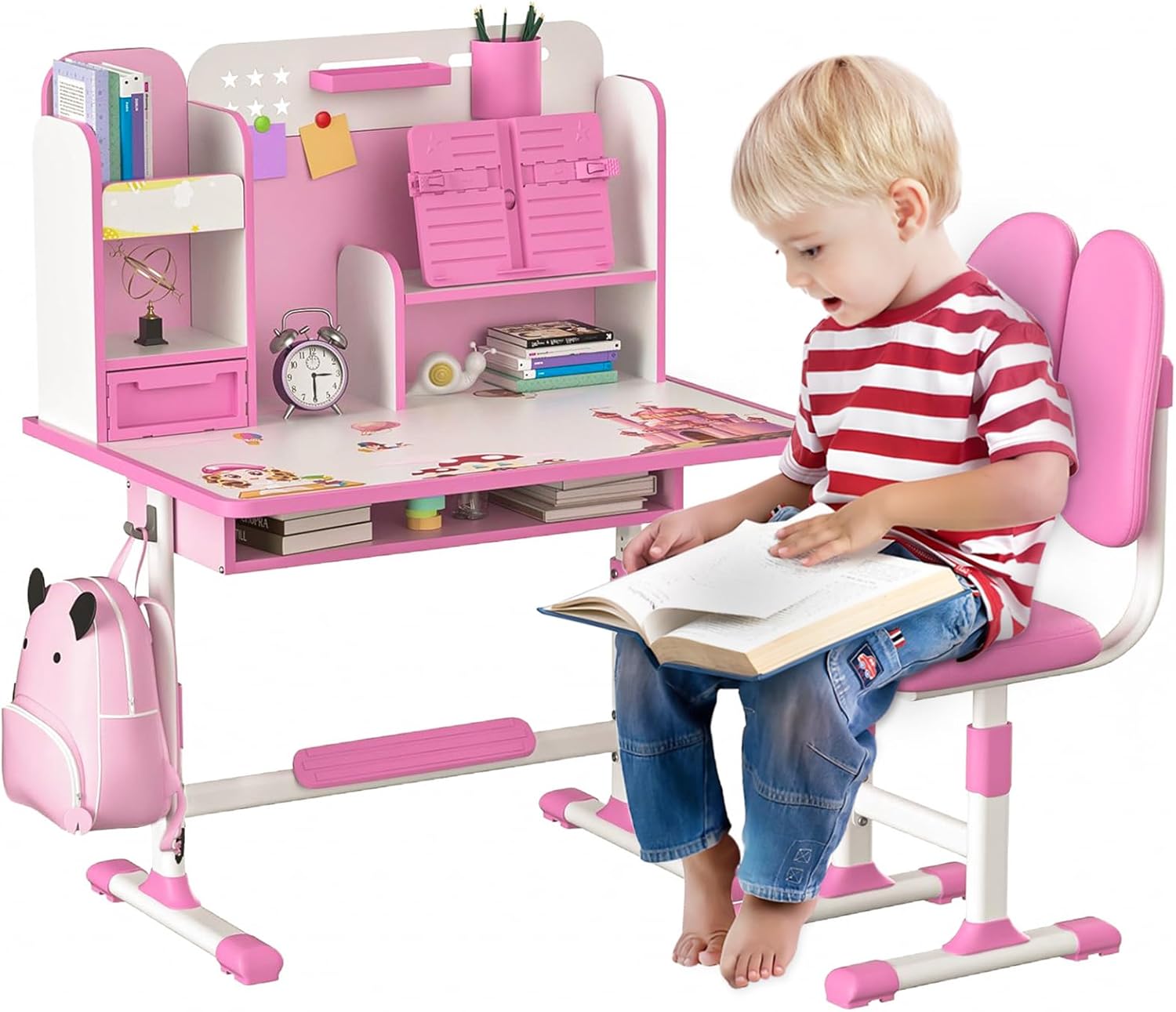 Child Table and Chair Set, Height Adjustable Kids Desk and Chair Set with Sitting Corrector, Teen Desk and Chair Sets with Book Stand, Foot Pedal, Partition Design Pink