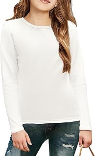 Camiseta de Manga Larga para Niñas Cuello Redondo Forro Polar Interior Color Liso Sudadera Térmica Básica para Niños Sudadera Térmica Informal de Corte Ajustado 5-12 Años