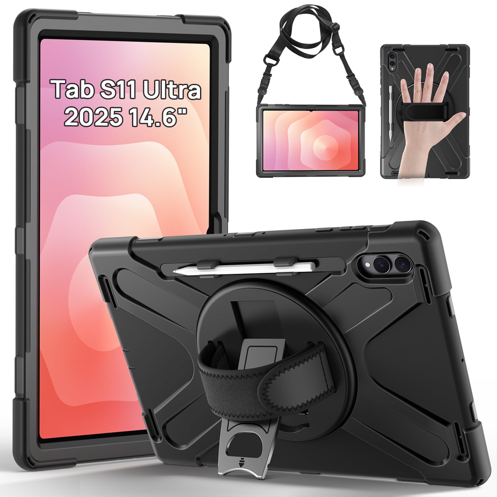 Gerutek Hülle für Samsung Galaxy Tab S11 Ultra 14,6 Zoll 2025, Stoßfeste Robust für Galaxy Tab S11 Ultra Hülle mit 360° Drehbar Stände/Handschlaufe Schultergurt, Case für Samsung Tab S11 Ultra,Schwarz