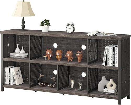 LVB Estantería industrial horizontal, de madera rústica de 4, 5, 6, 7, 8 cubos, moderna, ancha, larga, baja, organizador de almacenamiento vintage