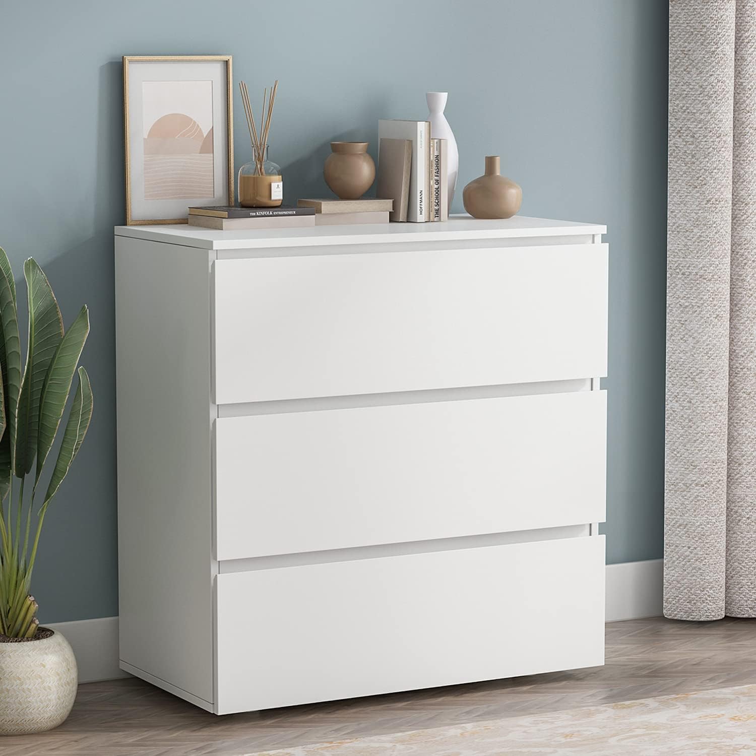 Modern 3-Drawer Dresser Chest, Wooden Dresser Tower with Wide Storage Space, Dresser Closet for Living Room Bedroom Hallway (White)