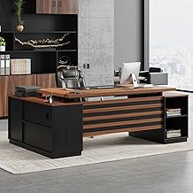 L-Shaped Executive Desk with Drawers, 78-Inch Large Home Office Desk with Power Outlet and Lateral File Cabinet, Modern Computer Table with Open Shelf and Storage Cabinet for Home, Brown Black