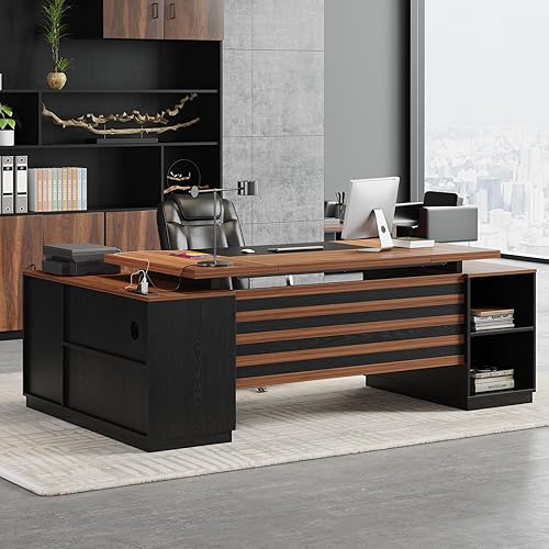 L-Shaped Executive Desk with Drawers, 78-Inch Large Home Office Desk with Power Outlet and Lateral File Cabinet, Modern Computer Table with Open Shelf and Storage Cabinet for Home, Brown Black