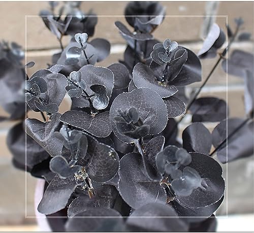 Miniatura 8 de Tallos artificiales de eucalipto, 2 ramas de hojas negras sintéticas con 4 tallo principal, arbusto de follaje de dólar plateado falso para