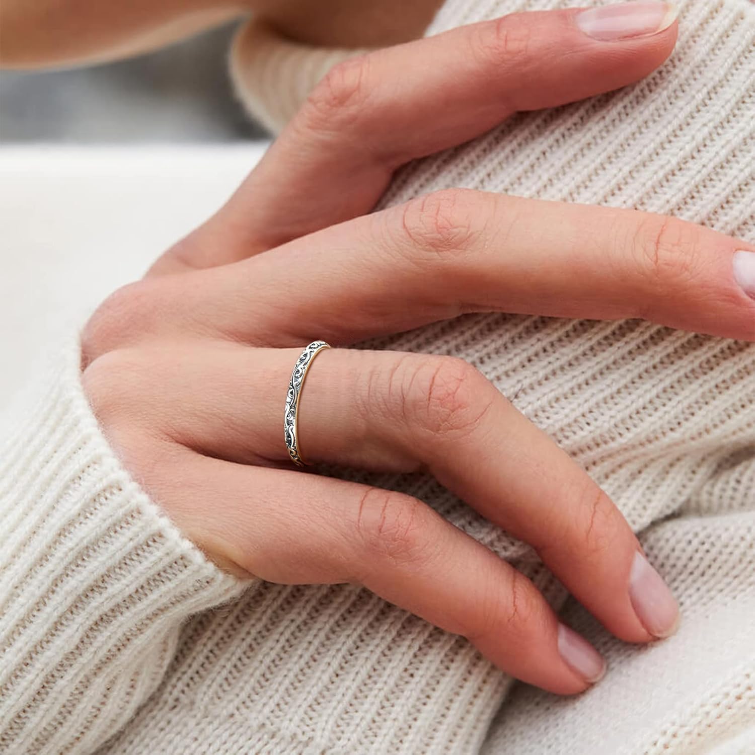 FOCALOOK 925 Sterling Silver 2.8mm Wide Wave Ring - Size 4, Antique Silver Stack Twist Ring Hypoallergenic Pinky Ring for Women - Image 8